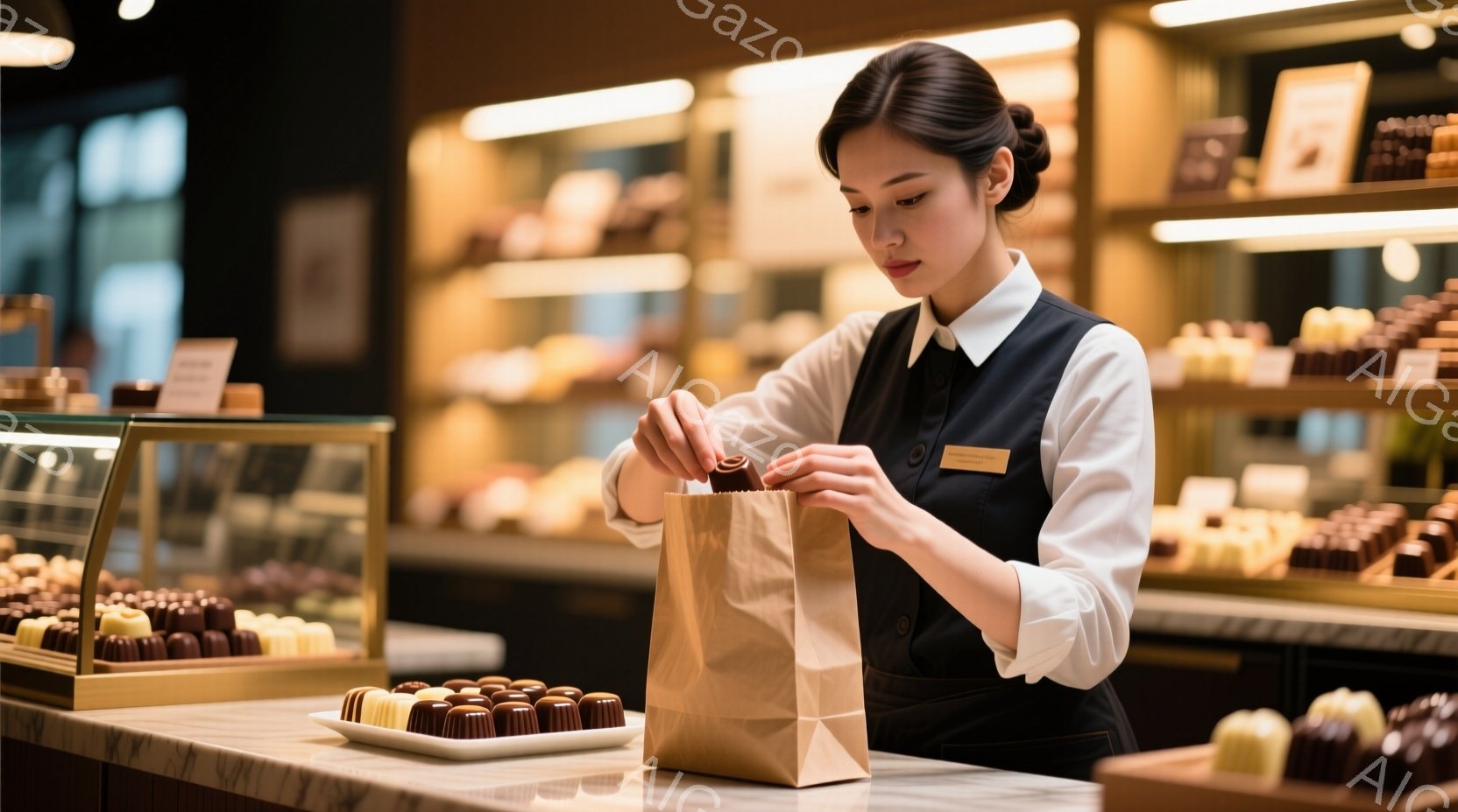 ショップの女性従業員が、茶色の紙袋にチョコレートを丁寧に詰めています。彼女は白いブラウスと黒いベスト姿で、髪は後ろでまとめられています。背景には、様々な種類のチョコレートが並んだショーケースが写ってお - AI生成フリー素材