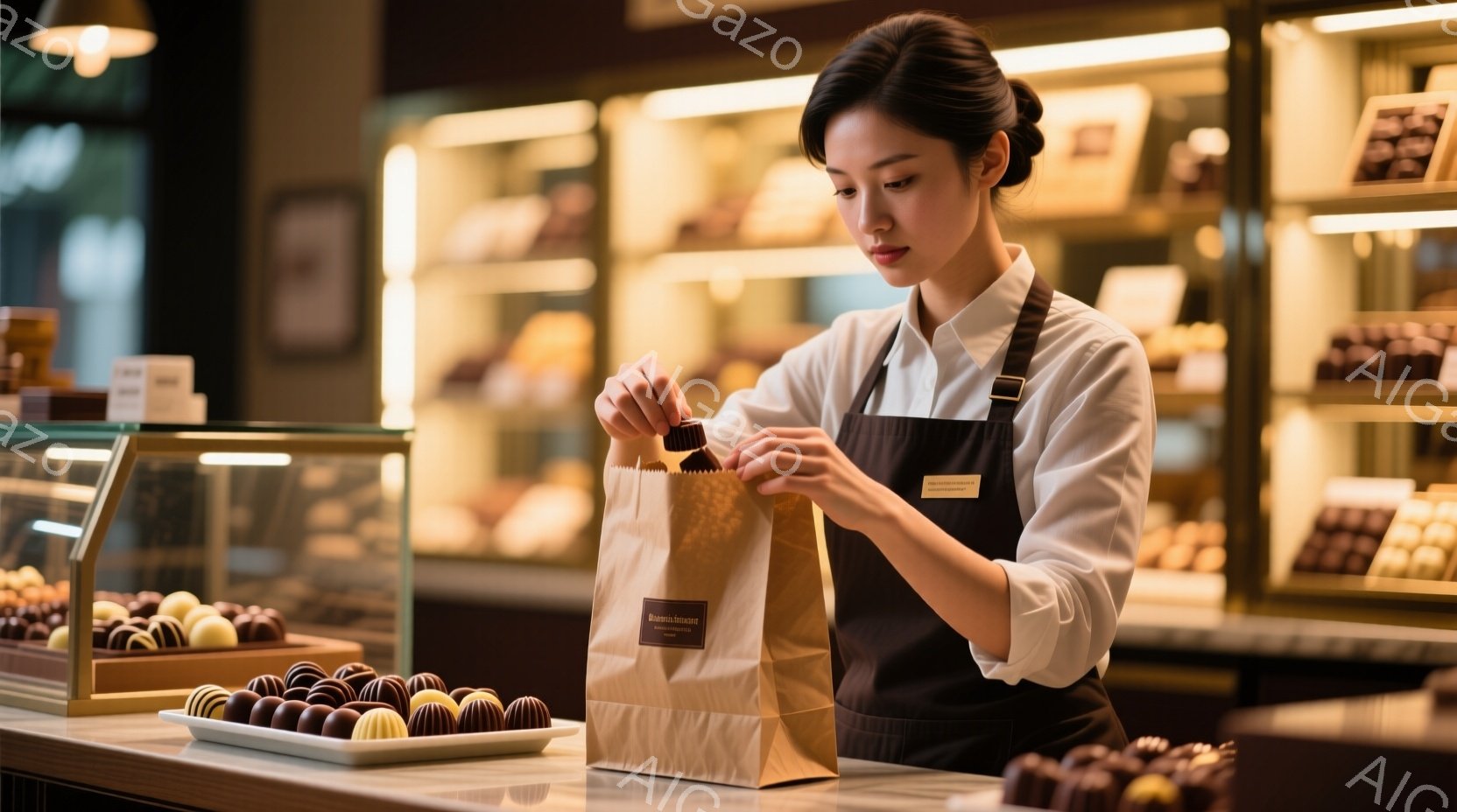 店員と思われる女性がチョコレートを紙袋に詰めている様子が写っている。彼女は白いシャツに黒いエプロンを身につけ、髪を後ろで一つにまとめている。背景には、様々な種類のチョコレートが並んだショーケースがあり、高級感のある雰囲気が漂っている。