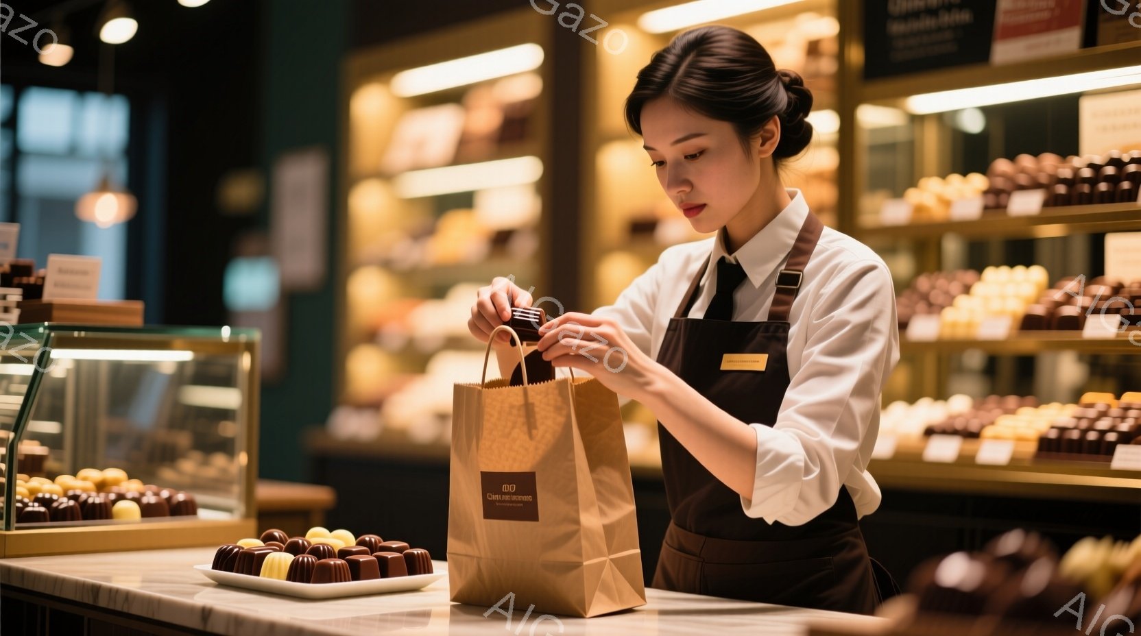 茶色いエプロンと白のブラウスを着た若い女性が、チョコレートが入った紙袋を手に持っています。彼女は髪を後ろでまとめ、真剣な表情でチョコレートを袋に詰めているようです。背景には、様々な種類のチョコレートが - AI生成フリー素材