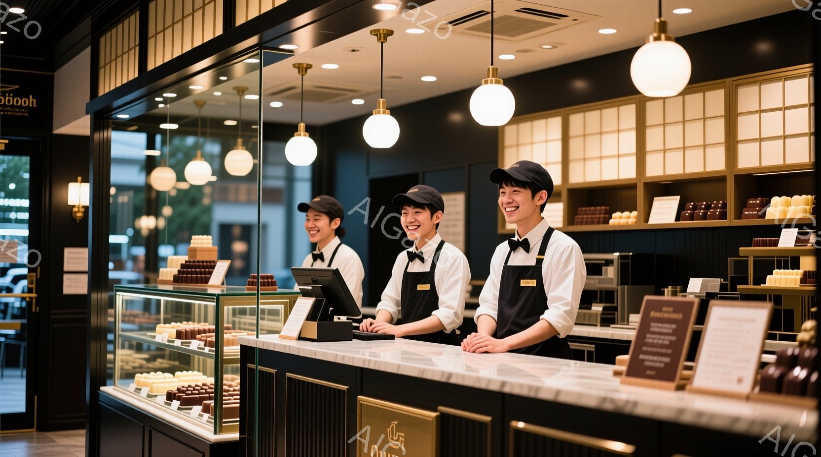 ３人の従業員がチョコレート店のカウンターに立っている。彼らは黒い帽子、白いシャツ、黒いエプロン、赤いネクタイという制服を着ており、皆笑顔で、親しみやすい雰囲気である。背景には、ショーケースに並んだチョ - AI生成フリー素材