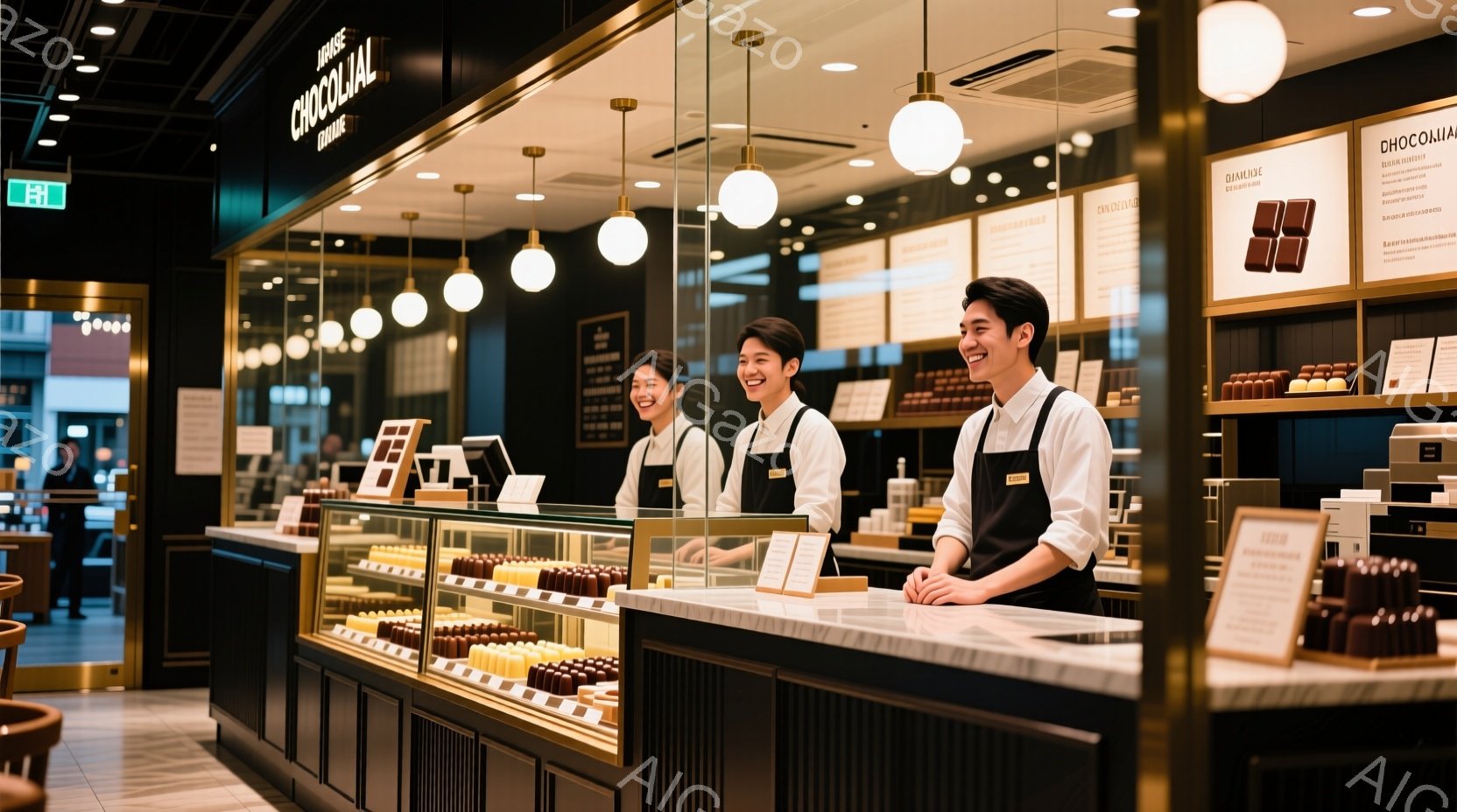 ショコラティエの店内で、制服を着た二人の女性店員がカウンター越しに微笑んでいます。彼女たちは明るい表情で楽しそうに話しており、カウンターには様々なチョコレートが並んでいます。背景には、明るい照明とチョコレートの広告が飾られ、洗練された雰囲気の店内で、お客様を迎える準備ができています。