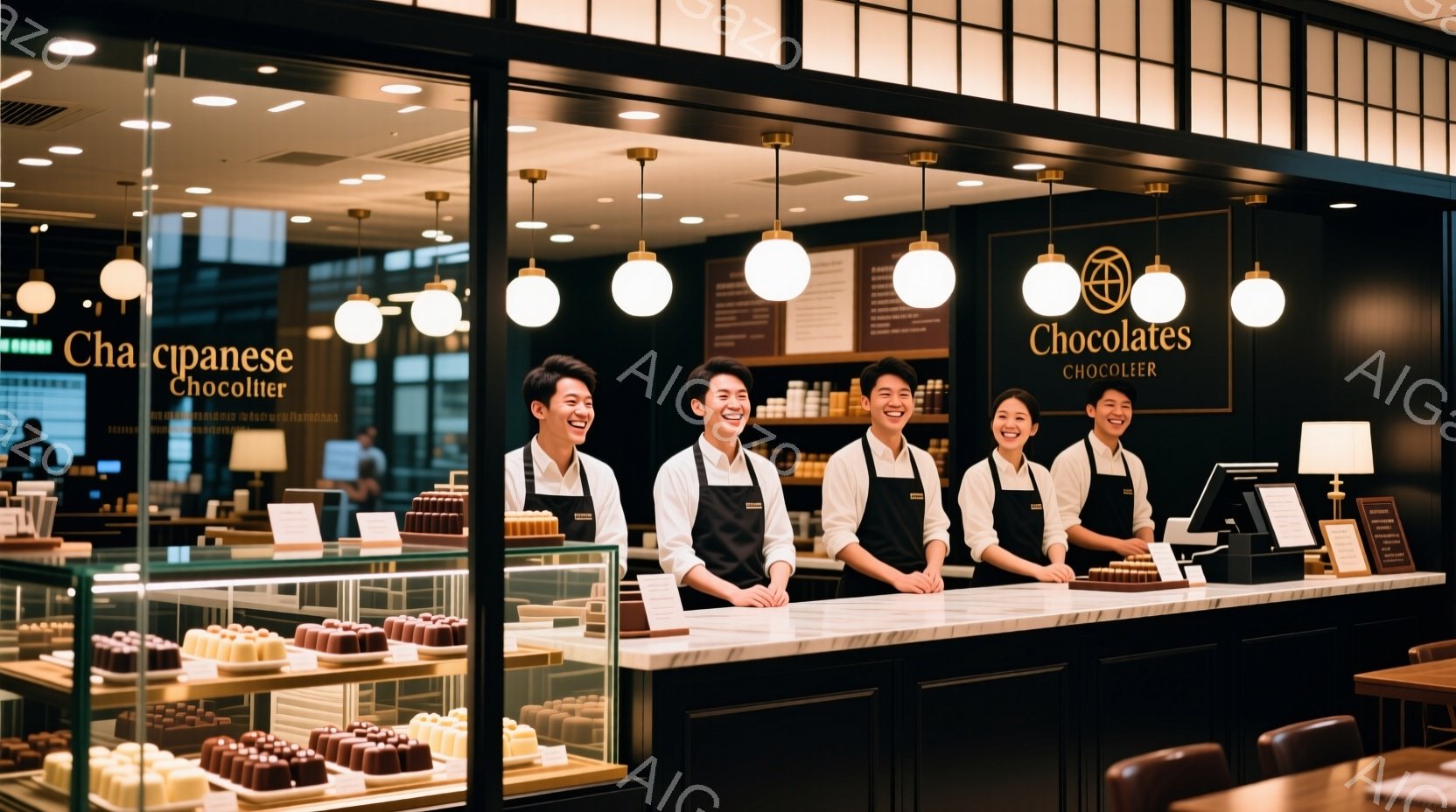 ショコラティエの店員たちがカウンター越しに笑顔で並んでいます。白いシャツに黒いエプロンを着用し、髪はすっきりとまとめられています。背景にはショーケースに並べられたチョコレート菓子や、落ち着いた雰囲気の店内の様子が見え、全体的に明るく温かい雰囲気です。