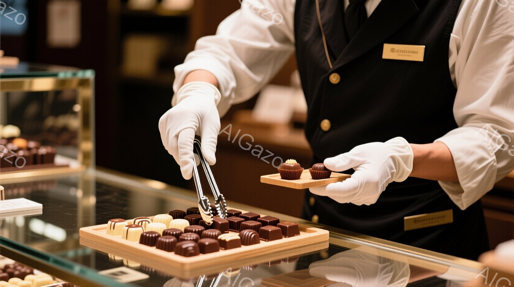 白い手袋をはめた男性が、チョコレートを丁寧にトングで並べている。黒いベストと白のシャツという服装で、胸には名前入りのピンバッジが付いている。背景には、様々な種類のチョコレートが並んだショーケースと、木製のトレーが見え、高級感のある雰囲気のチョコレート店であることがわかる。