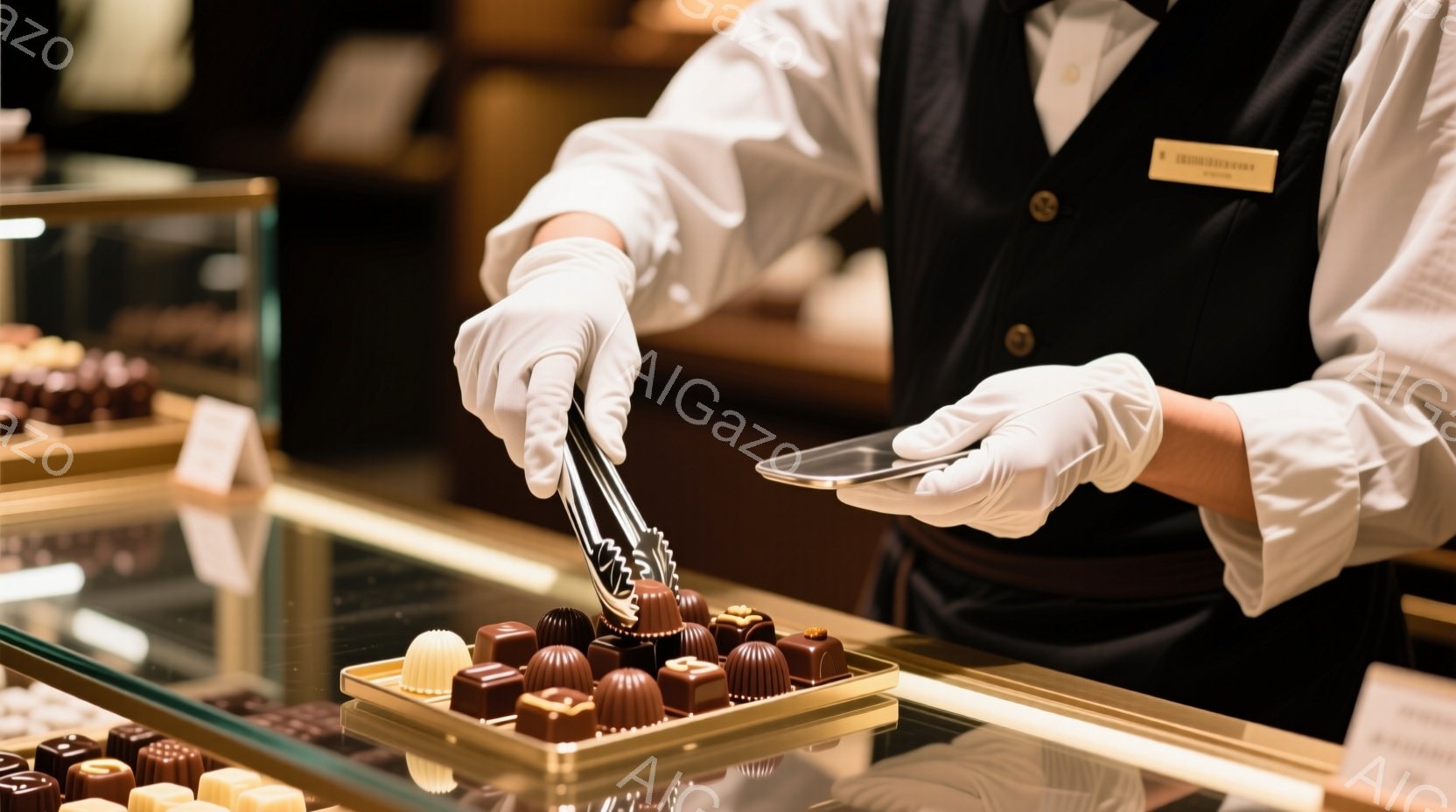 白い手袋をはめた人が、チョコレートが並んだトレーから一つをトングで丁寧に選んで、銀色の皿に乗せている様子が写っている。背景には、様々な種類のチョコレートが並んだショーケースが見え、上品で高級感のある雰囲気が漂っている。人物は黒いベストと白いシャツを着ており、清潔感があり、プロフェッショナルな印象を与える。