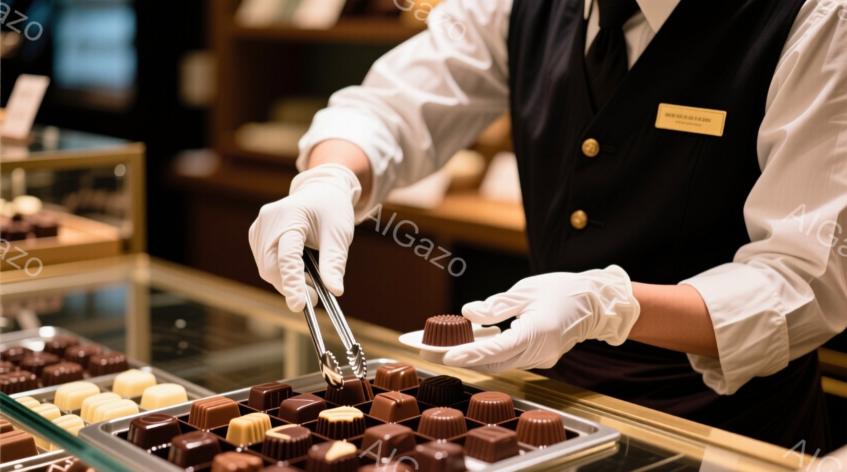 白い手袋をつけた人が、チョコレートをトングで慎重に選んでいます。黒いベストと白いシャツを着ており、背景には様々な種類のチョコレートが並んだショーケースが見えます。暖色系の照明とチョコレートの色合いが、 - AI生成フリー素材