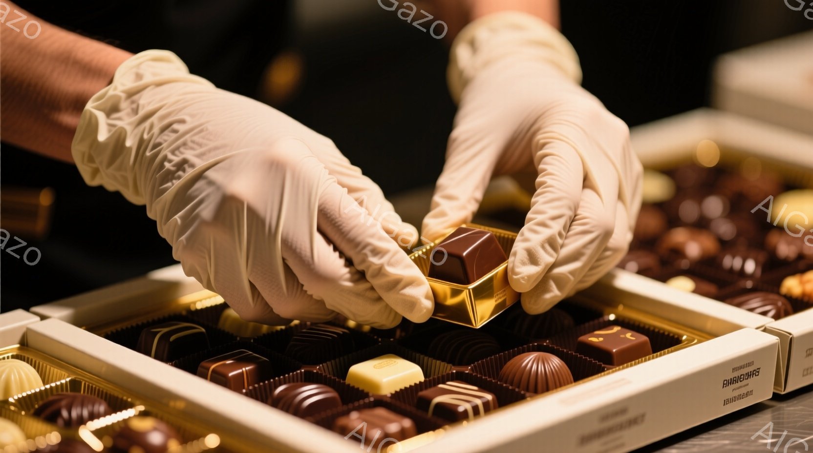 白い手袋をはめた手が、金色の包装紙で包まれた正方形のチョコレートを箱の中に慎重に並べている様子が写っている。箱の中には様々な種類のチョコレートが整然と並べられており、背景はぼやけているが、高級感のあるチョコレート店の内部であることがわかる。全体的に落ち着いた雰囲気で、熟練した職人が丁寧にチョコレートを仕上げている様子が伝わってくる。