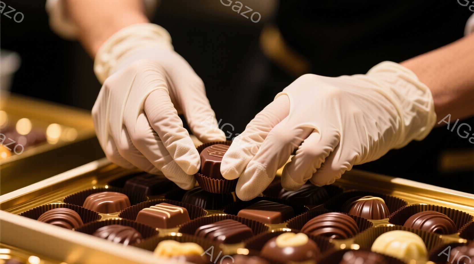 白い手袋をはめた手が、チョコレートが並んだ箱の中から一つを慎重に拾い上げている。様々な形や色のチョコレートが規則的に並べられており、高級感のあるギフトボックスの中であることがわかる。背景は暗く、チョコレートの美しい色合いと質感が際立っている。