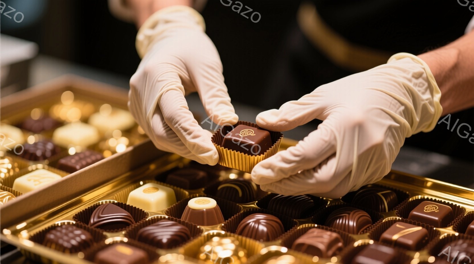 チョコレートの詰め合わせ箱の中で、白い手袋をはめた手が、焦げ茶色のチョコレートを丁寧に配置している様子が捉えられています。チョコレートは紙製の金色のカップに包まれており、背景にはさまざまな色や形のチョ - AI生成フリー素材