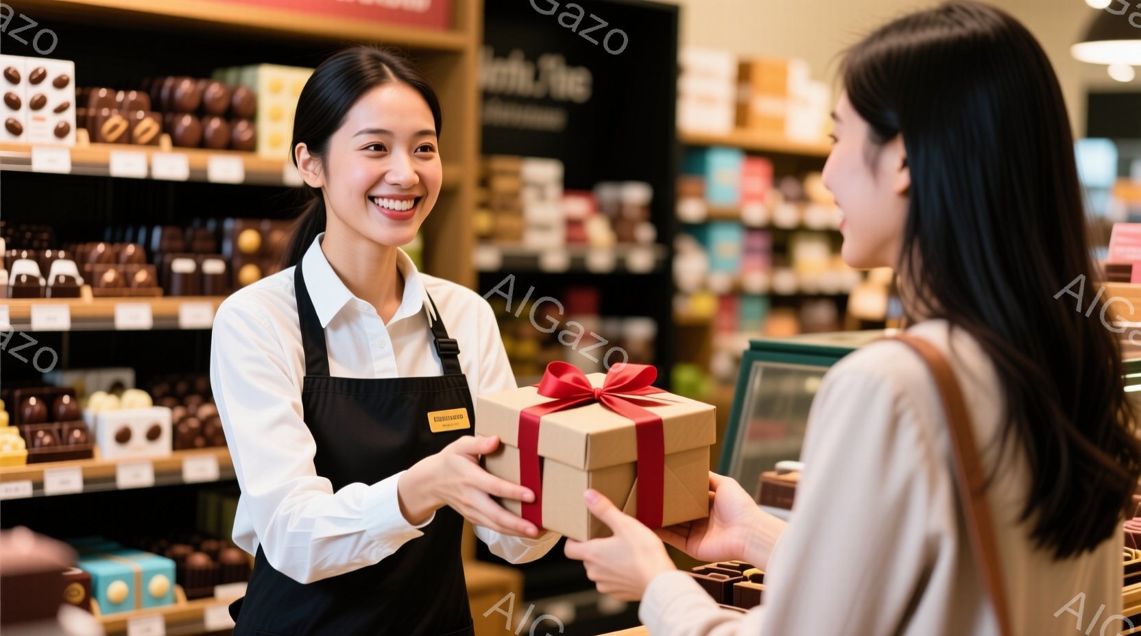 明るいエプロンをつけた女性店員が、ラッピングされたギフトボックスを客に手渡しています。彼女は笑顔で、明るく親切な印象を与えます。背景にはカラフルなチョコレートが並んだ棚があり、店内は清潔で明るく、高級感があります。
