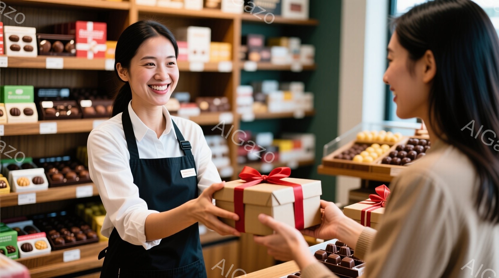 明るい色のエプロンをつけた女性店員が、赤いリボンで結ばれた茶色のギフトボックスを客に渡している。彼女は笑顔で、客もまた箱を受け取る姿勢で映っている。背景にはチョコレートが並んだ棚があり、店内の明るく暖かやかな雰囲気が伝わる。