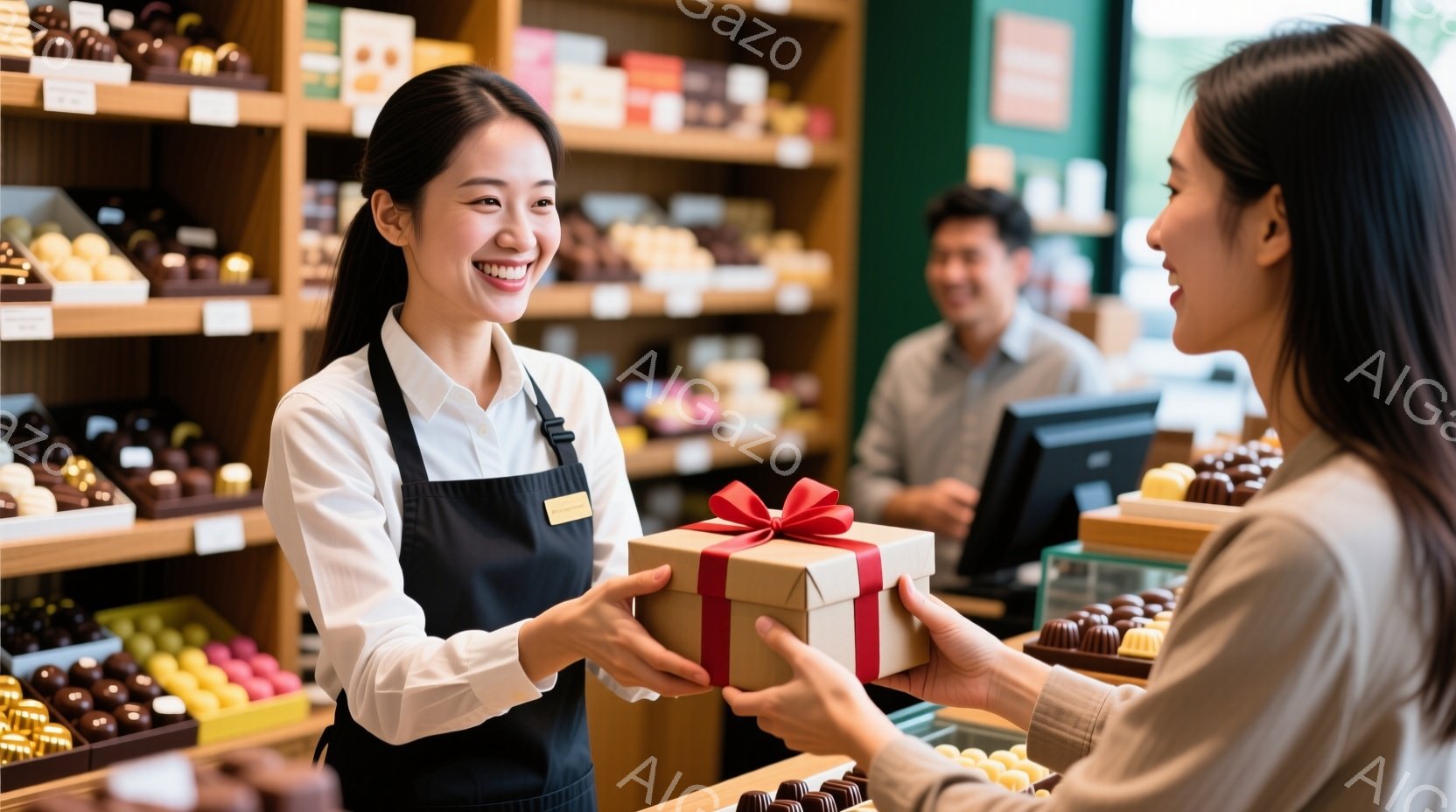 店員は白いブラウスと黒いエプロンを身に着け、明るい笑顔で顧客に包装されたギフトボックスを手渡しています。ギフトボックスには赤いリボンが付いており、顧客は茶色の服を着ています。背景には、カラフルなチョコレートが並んだ棚と、別の顧客らしき男性が立っています。
