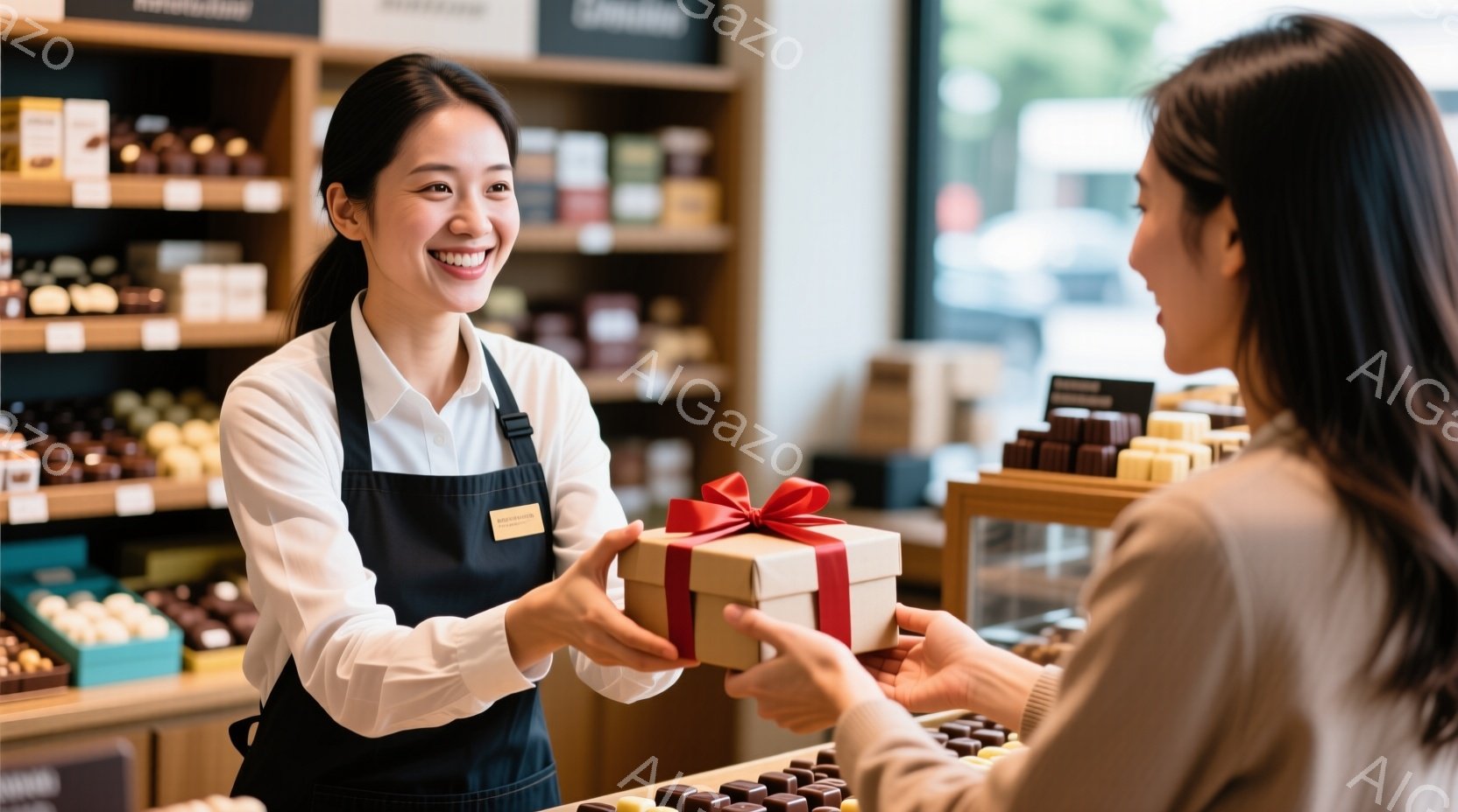 女性店員が、リボンのかかった茶色のギフトボックスを、もう一人の女性に渡している場面です。店員は白いシャツに黒いエプロンをつけ、笑顔で対応しており、明るく丁寧な印象を与えます。背景には、様々な種類のチョコレートが並んだ棚があり、店内は暖かく、洗練された雰囲気です。
