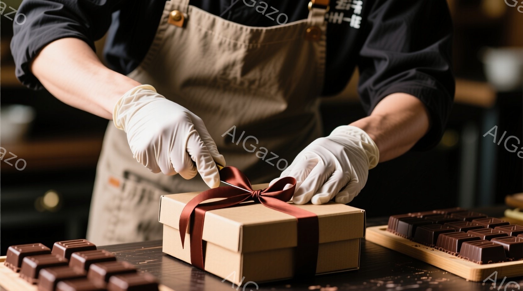 作業員は茶色のギフトボックスに赤いリボンを結んでいます。彼は黒いエプロンと白いゴム手袋を着用しており、背景にはチョコレートが並んだトレイが見えます。全体的に、丁寧で繊細な作業風景が伝わってきます。 - AI生成フリー素材