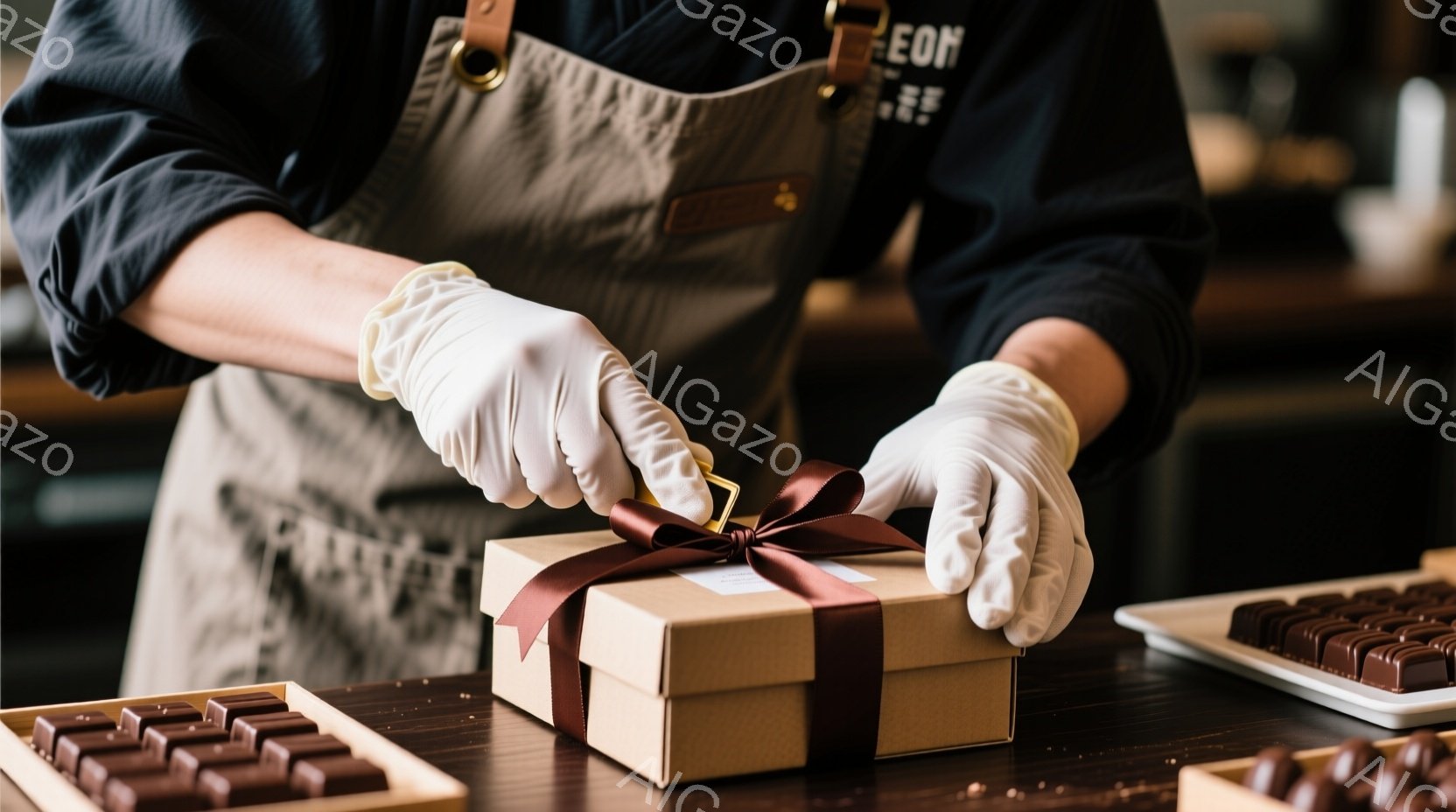 作業員は、薄茶色の段ボール箱に赤いリボンを結ぶ作業をしています。彼らは黒いエプロンと白いゴム手袋を着用しており、集中して繊細な作業に取り組んでいる様子が伺えます。背景にはチョコレートが並んだトレイがぼんやりと見え、手作りチョコレート工房のような温かい雰囲気が漂っています。
