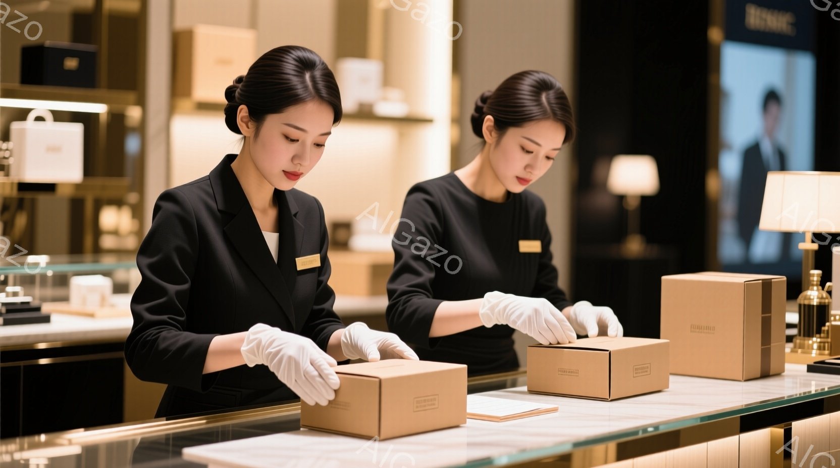 白い手袋をつけた女性が2人、ベージュ色の箱を丁寧に扱っている様子が写っています。彼女たちは黒いジャケットと白いシャツを着ており、髪は後ろでまとめられています。背景には高級感のある店舗の様子が見え、照明 - AI生成フリー素材