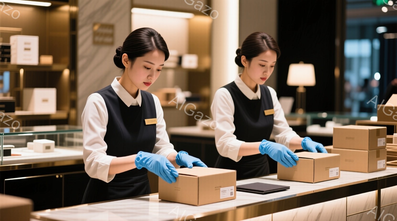 画像には、ベージュのエプロンと白いブラウスを着た女性が写っており、青い手袋を着用して段ボール箱を扱っています。彼女たちは整然と並べられた段ボール箱の前に立っており、真剣な表情で作業に集中しています。背景には、明るい照明と高級感のある内装が見られ、全体的に清潔でプロフェッショナルな雰囲気が漂っています。