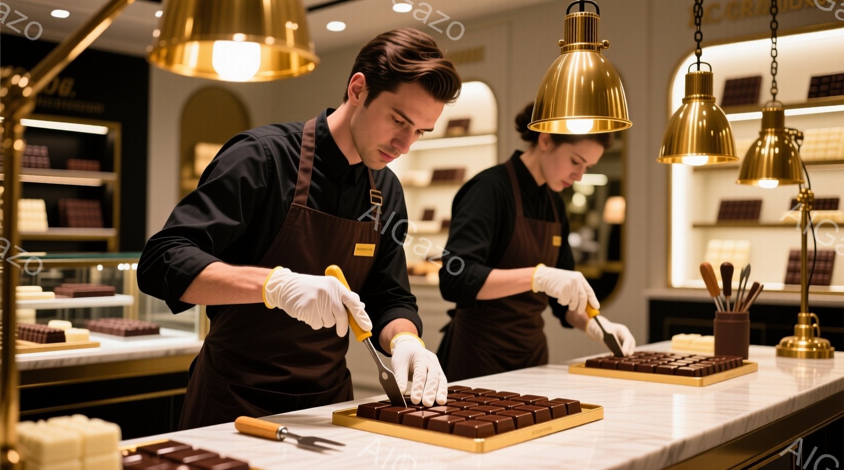 白い制服と黒いエプロンを身に着けた二人のパティシエが、チョコレートを丁寧にカットしている様子が写っている。彼らは白い手袋を着用し、真剣な表情で作業に集中しており、背景には様々な種類のチョコレートが並んだ棚が見える。 全体的に暖色系の照明で照らされ、高級感があり、洗練された雰囲気を醸し出している。