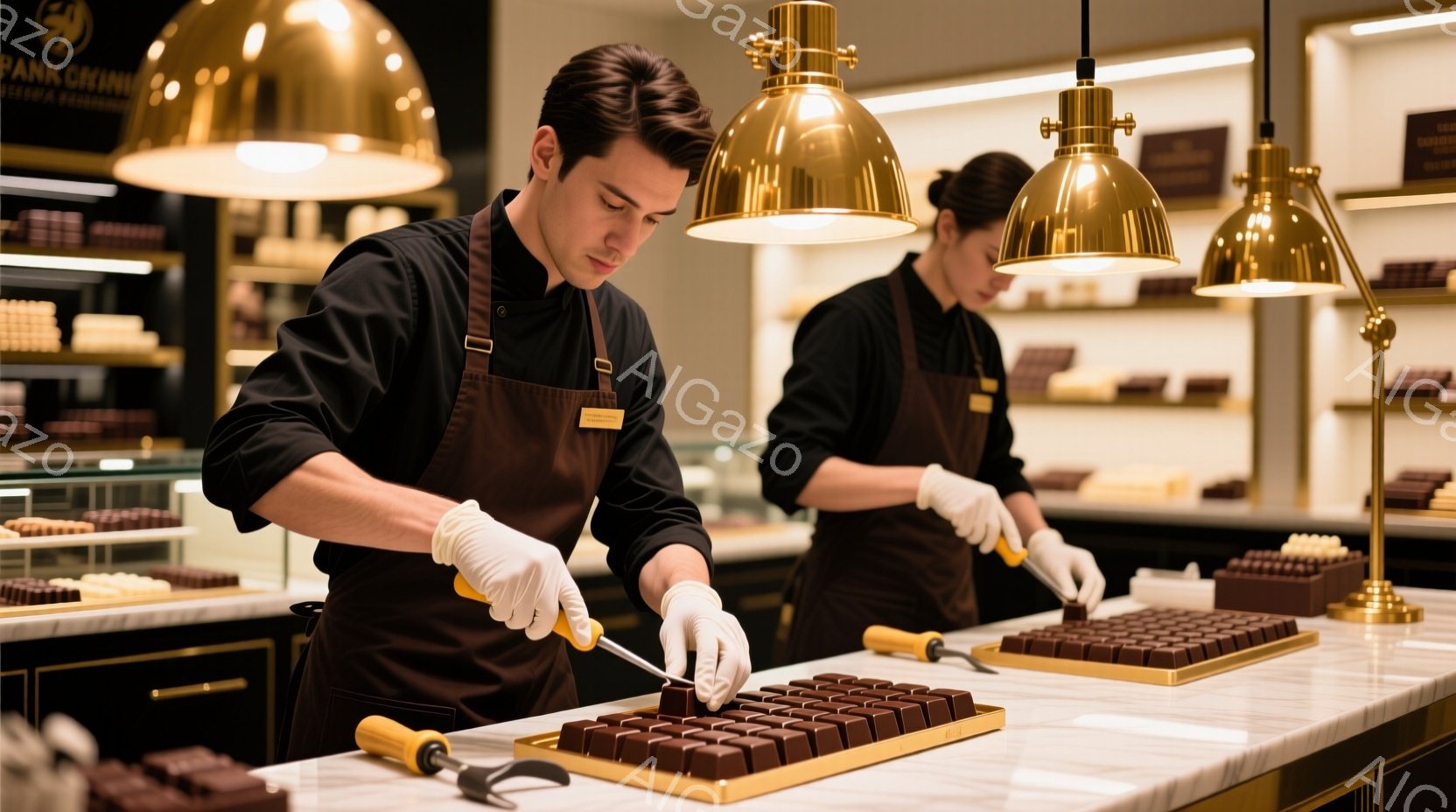 画像には、チョコレート工場または店舗で働く男性が写っています。彼は黒いエプロンと白い手袋を着用し、チョコレートを慎重にカットしています。背景には、さまざまなチョコレートが並んだショーケースと、暖色系の照明があり、上品で洗練された雰囲気を醸し出しています。