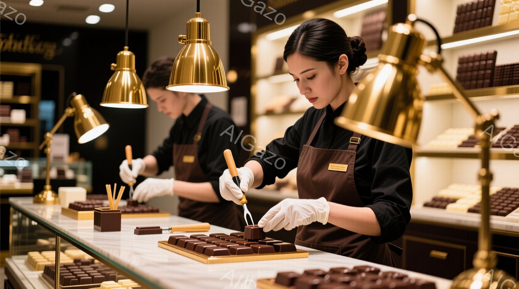 白いカウンターで、白い手袋をつけた女性がチョコレートを丁寧に並べている様子が写っている。彼女は黒いエプロンとシャツを着ており、髪は後ろでまとめていて、真剣な表情で作業に集中している。背景にはチョコレー - AI生成フリー素材