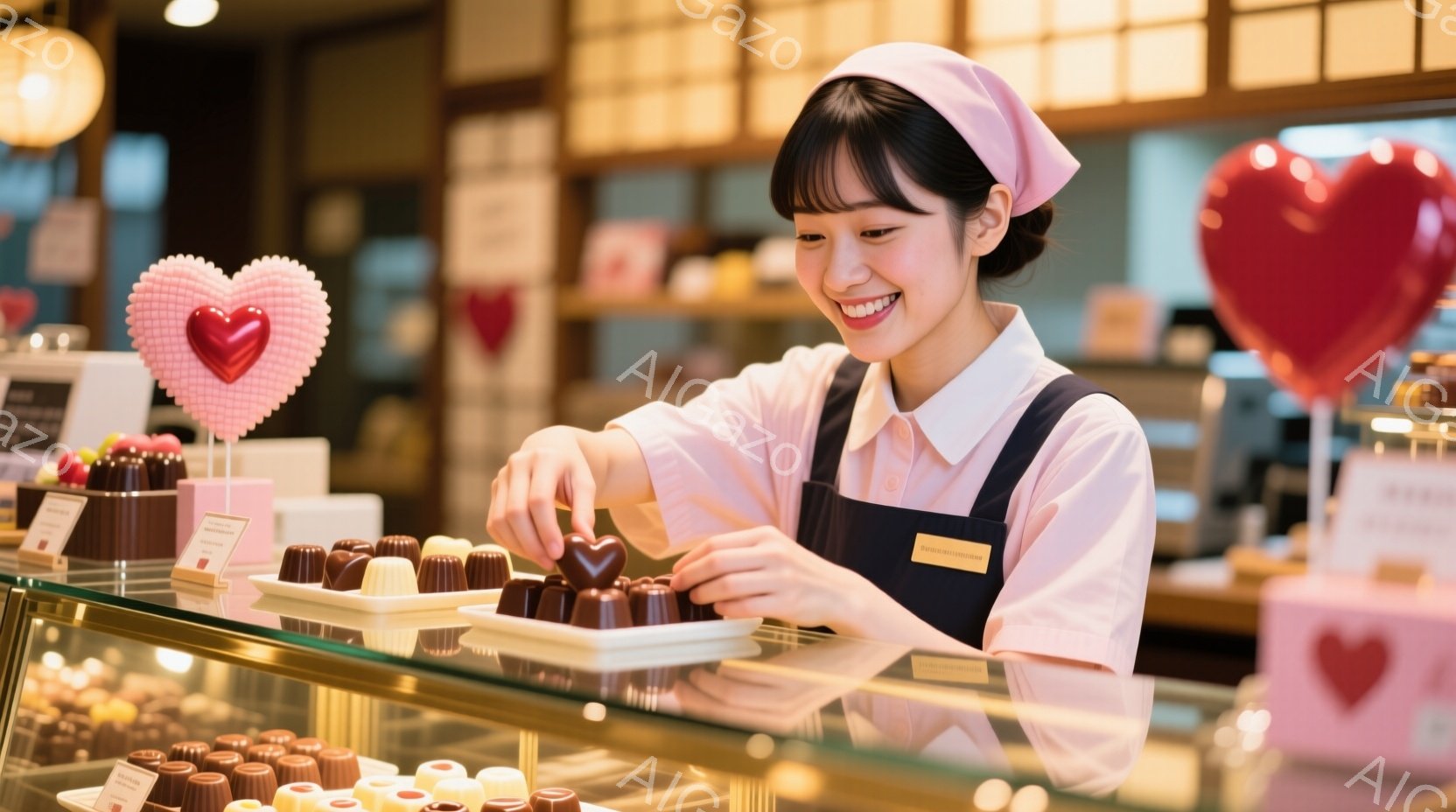 店員と思われる女性がチョコレートを丁寧に盛り付けている様子が写っている。彼女はピンク色のヘッドバンドで前髪を留め、白のブラウスにエプロンを着用しており、笑顔で作業に取り組んでいる。背景にはチョコレートが並んだショーケースと、ハート型の装飾が浮かび、バレンタインデーを連想させる暖かい雰囲気が漂っている。