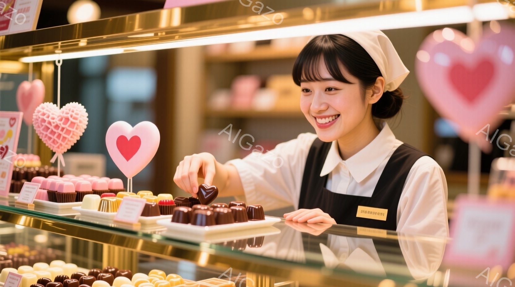 若い女性がチョコレートのショーケースの前で、チョコレートをトングで手に取ろうとしているところです。彼女は白いエプロンと帽子を着用し、笑顔で、明るい雰囲気です。背景にはピンク色のハートの装飾が施されたチ - AI生成フリー素材