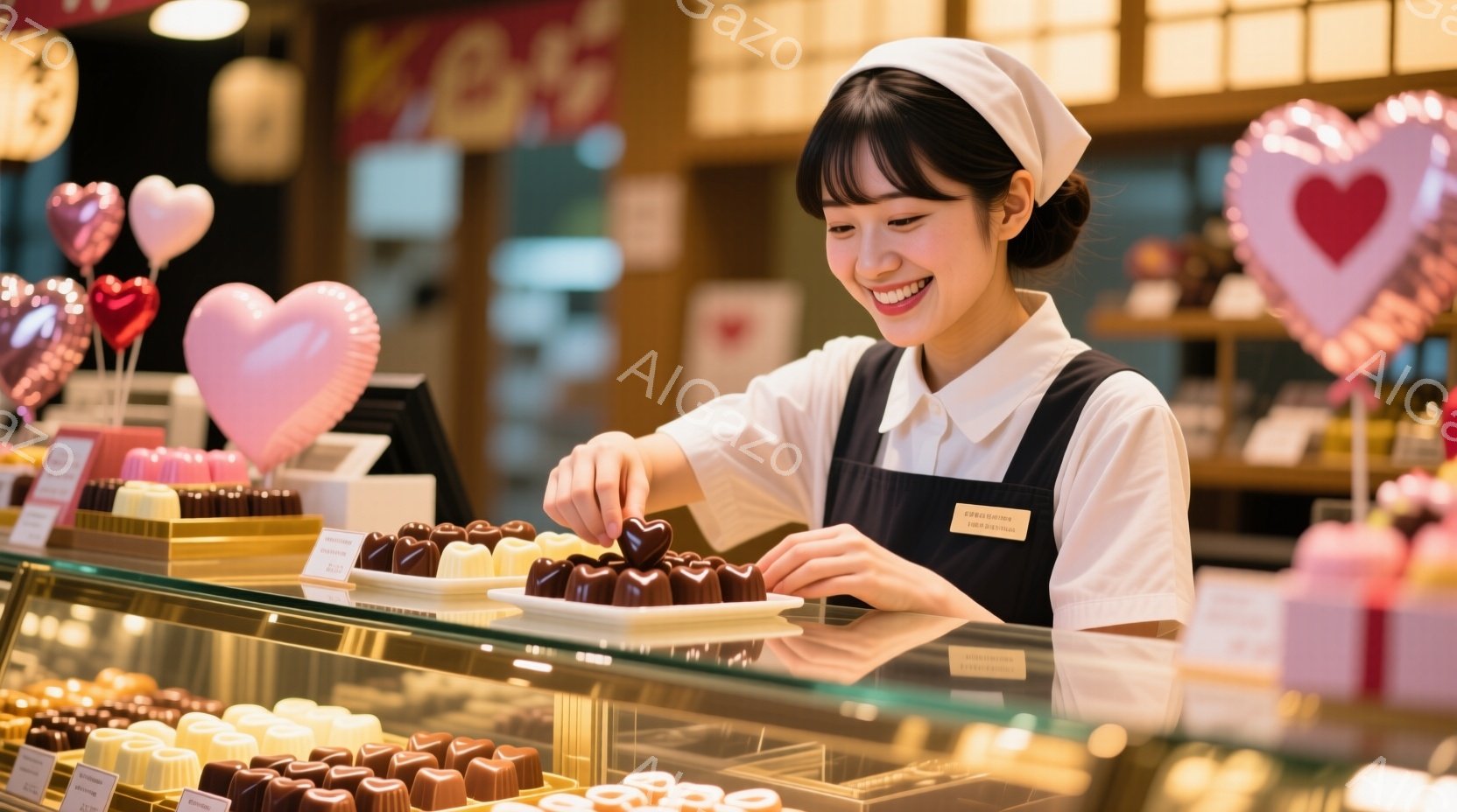 画像はチョコレートショップの店員が、ショーケースに並んだチョコレートを整えている様子を捉えています。彼女は白いエプロンと帽子を身につけ、微笑みながらチョコレートを手に取り、丁寧に配置しています。背景には、様々な種類のチョコレートが並び、ピンク色のハート型の装飾が飾られており、甘くロマンチックな雰囲気を醸し出しています。