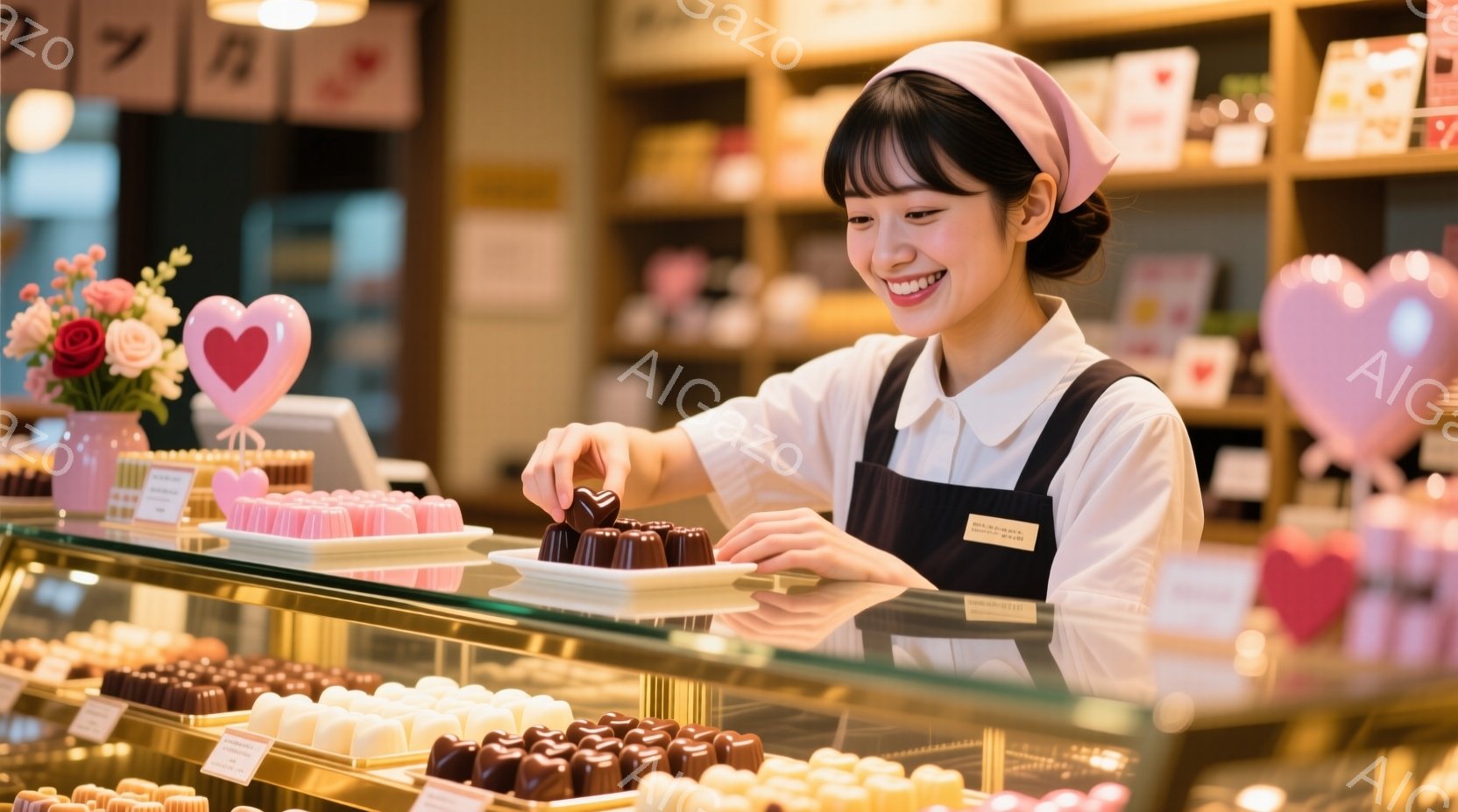 店員さんは、明るい笑顔でチョコレートを盛り付けています。彼女はベージュの制服にエプロンをつけ、髪をきれいにまとめ、前髪を少し垂らしたヘアスタイルです。背景には、様々な種類のチョコレートが並んだショーケースと、ピンク色の花が飾られたテーブルがあり、甘くて優しい雰囲気が漂っています。
