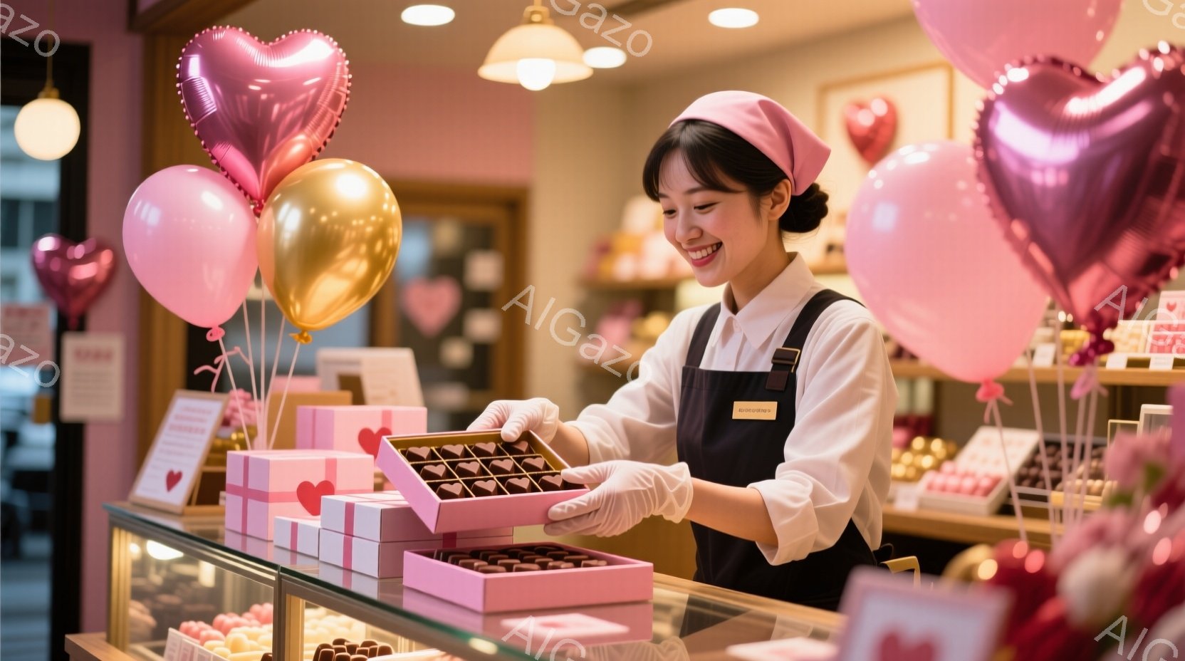 店員さんはピンクの包装紙でチョコレートを丁寧に箱に詰めています。彼女は黒いエプロンとピンク色のヘアバンドをつけ、笑顔で作業に取り組んでいます。背景には、バラやチョコレートで飾られたショーケースがあり、ピンクとゴールドのハート型の風船が飾られ、華やかで甘い雰囲気が漂っています。