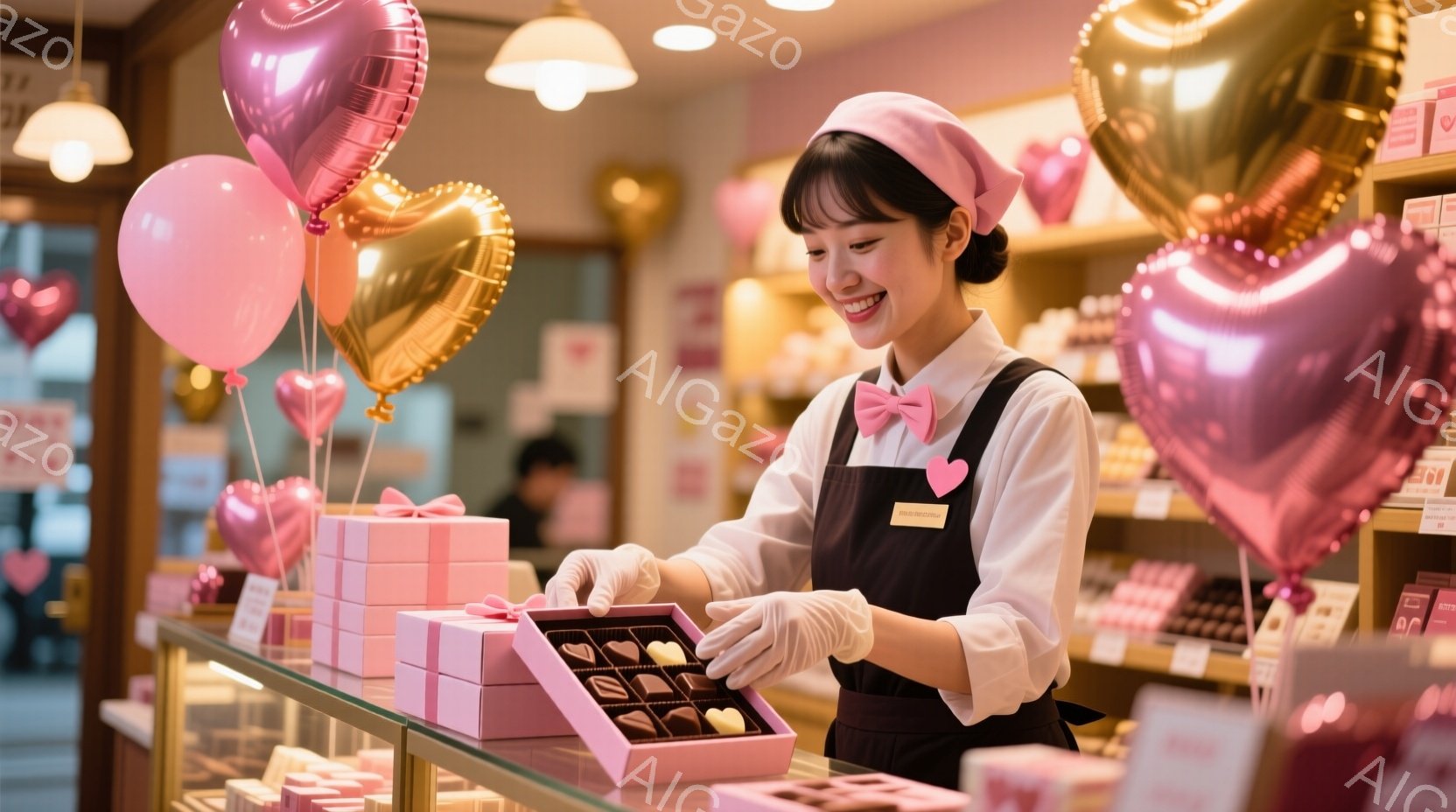 ピンクのバルーンで飾られたチョコレート店のカウンターで、女性が白い手袋を着用し、ピンクの箱に入ったチョコレートを手に持っている。彼女は黒髪で前髪を出し、ピンクのエプロンとヘッドバンドを着用し、笑顔で優雅な姿勢で立っている。背景には他のチョコレートの箱が並び、店内の雰囲気は明るく、お祝いムードに満ちている。