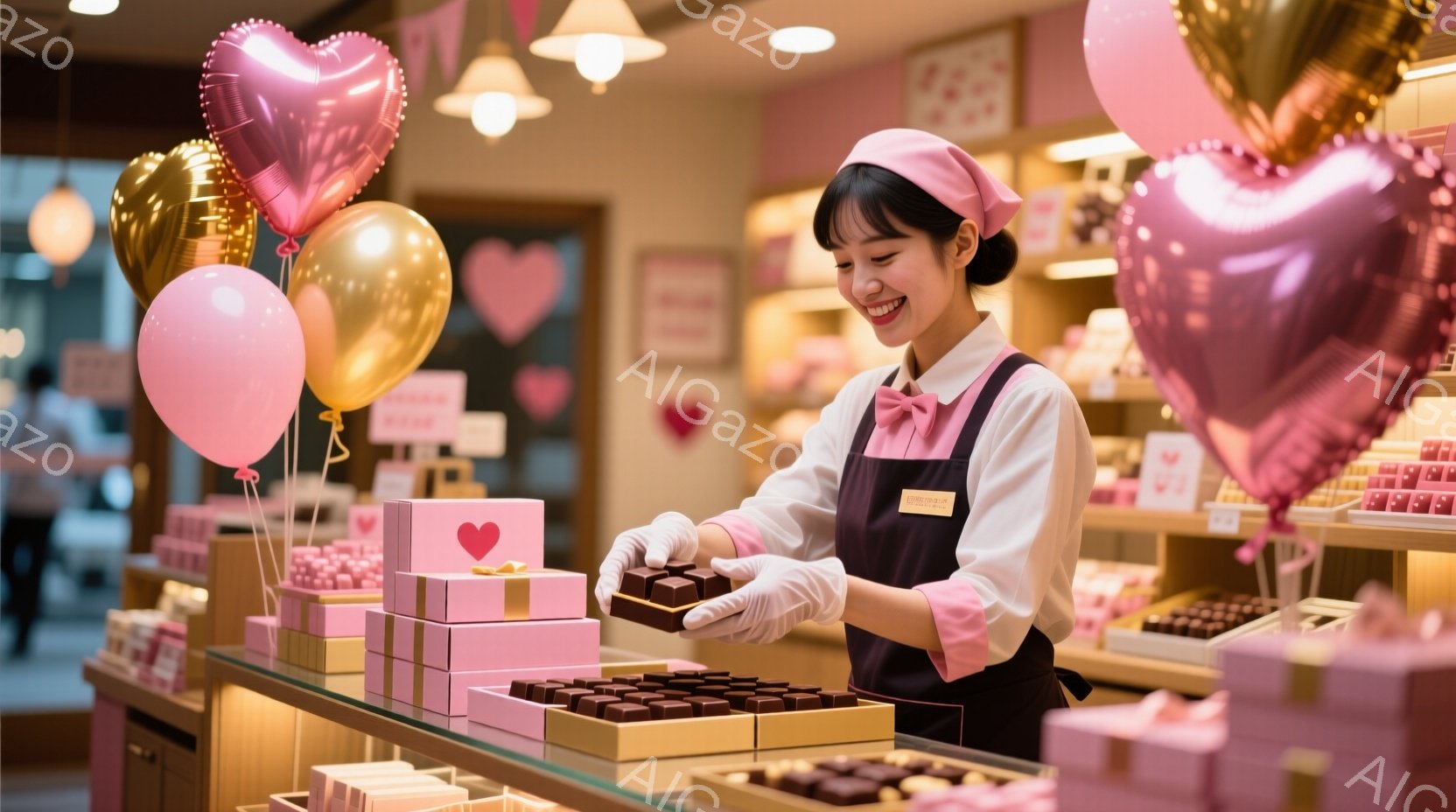 ピンクとゴールドの風船が飾られたチョコレート店のカウンターで、女性店員が白い手袋を着用し、チョコレートを丁寧に梱包しています。彼女はピンクのヘッドバンドで髪をまとめ、明るい笑顔で、温かく親切な印象を与えます。背景には、ピンク色のチョコレートが積み重ねられた箱が並び、バレンタインデーのようなロマンチックで華やかな雰囲気が漂っています。