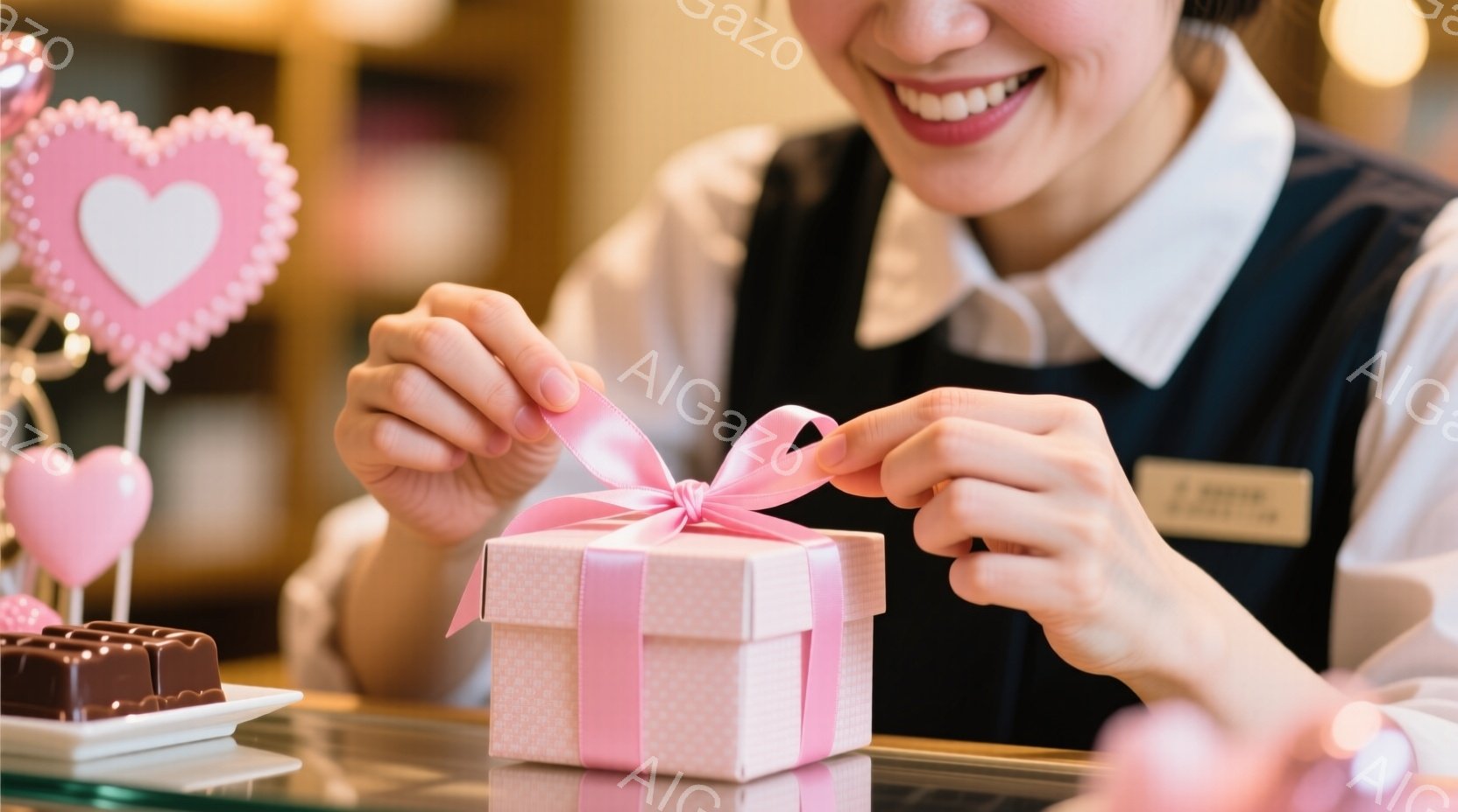 女性はピンク色のギフトボックスのリボンを結んでいます。彼女は黒のベストと白いシャツを着ており、明るい笑顔を浮かべています。背景にはハート型の装飾やチョコレートが置かれ、贈り物やイベントを連想させる華や - AI生成フリー素材
