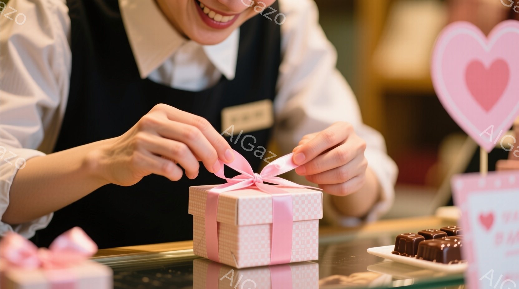 女性がピンク色のギフトボックスのリボンを結んでいます。彼女は黒いエプロンと白いシャツを着ており、笑顔でリボンに集中しています。背景にはチョコレートが並んだトレーやハート型の装飾が見え、甘く優しい雰囲気 - AI生成フリー素材