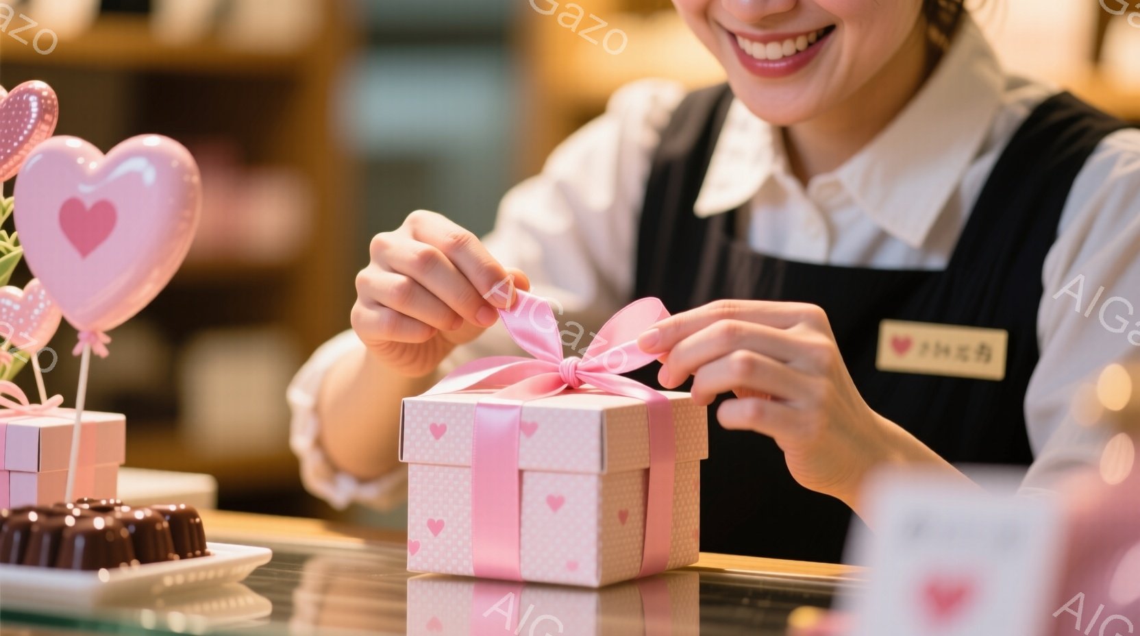 明るい背景の中で、女性がピンク色のギフトボックスにリボンを結んでいます。彼女は白いブラウスと黒いエプロンを着ており、笑顔で優しい表情をしています。ギフトボックスの周りには、ハートの形をしたチョコレートやキャンディーが並び、バレンタインデーや特別な機会を祝う温かくロマンチックな雰囲気を醸し出しています。