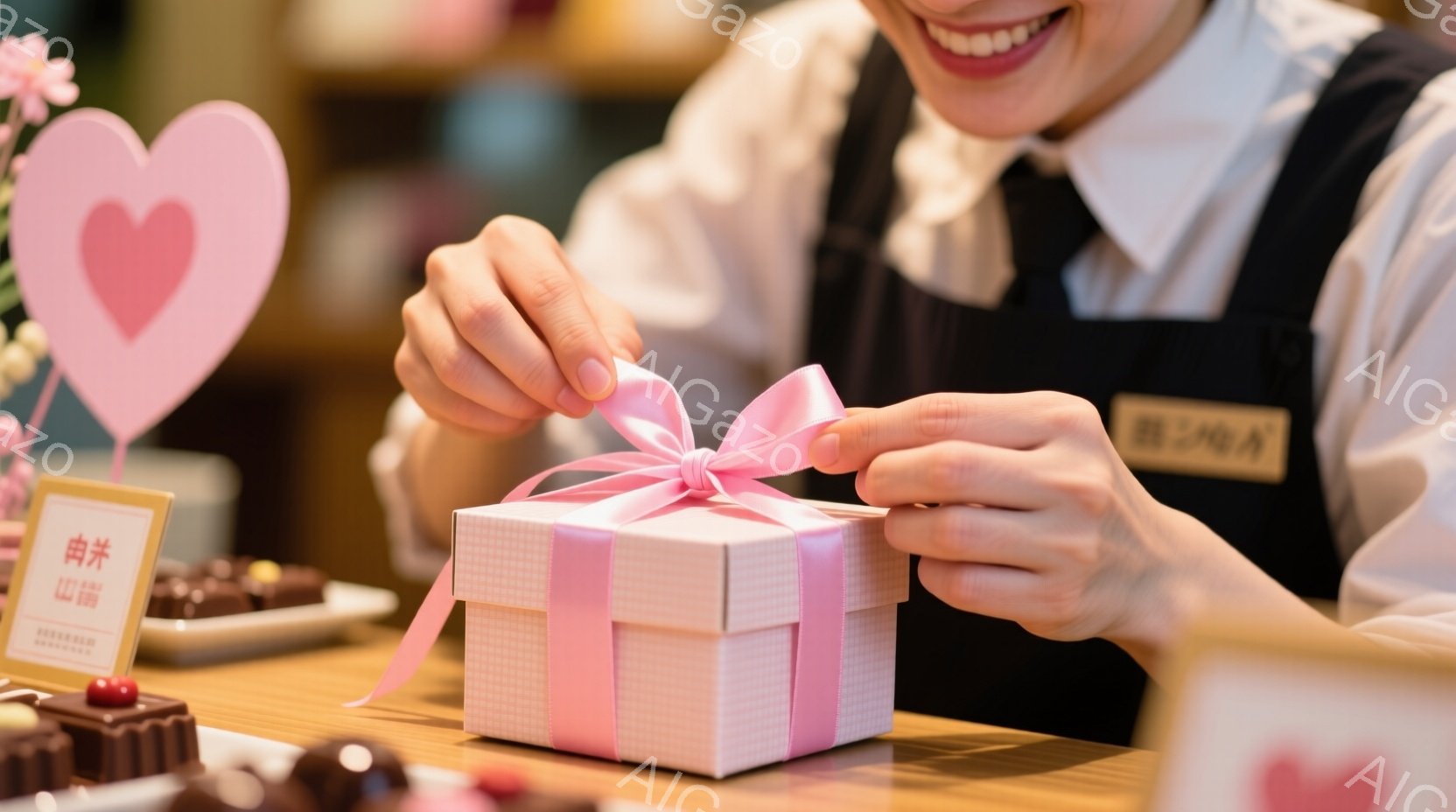 女性がピンク色の包装紙で包まれた小さなギフトボックスにリボンを結んでいます。彼女は黒いエプロンと白いシャツを着ており、微笑んでいます。背景にはチョコレートや装飾がぼやけて見え、バレンタインデーのような - AI生成フリー素材