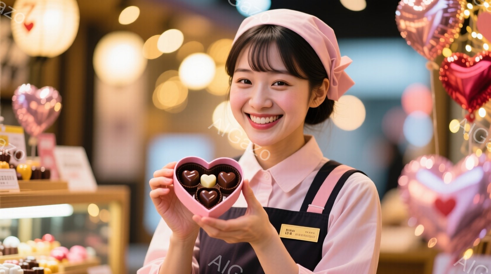 明るい笑顔の女性が、ハート型のトレイに入ったチョコレートを正面に向けて見せている。彼女はピンクのヘッドバンドと黒いエプロンを身につけ、楽しそうな表情をしている。背景には、チョコレートが並んだショーケースと、ピンクと赤色のハート型の装飾がぼんやりと見える、お菓子の店のような雰囲気だ。