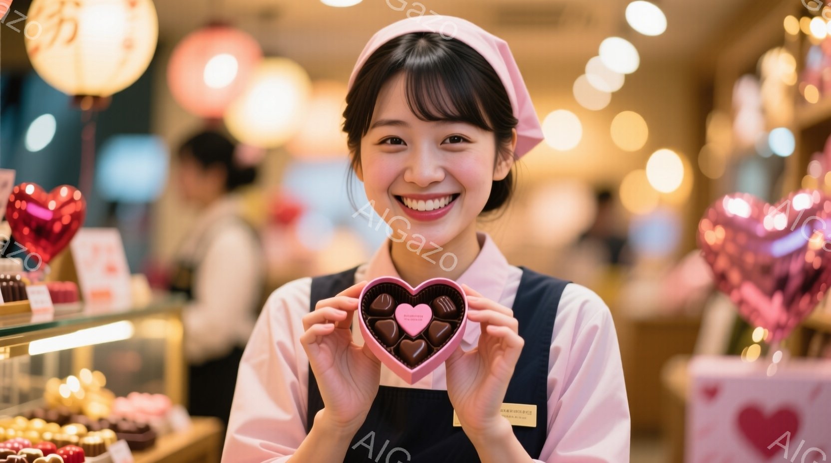 若い女性がチョコレートを手に微笑んでいます。彼女はピンクのヘアバンドと黒いエプロンを身につけ、明るい笑顔を見せています。背景にはチョコレートが並んだショーケースと、ぼやけたハート型の装飾が見え、甘くて - AI生成フリー素材