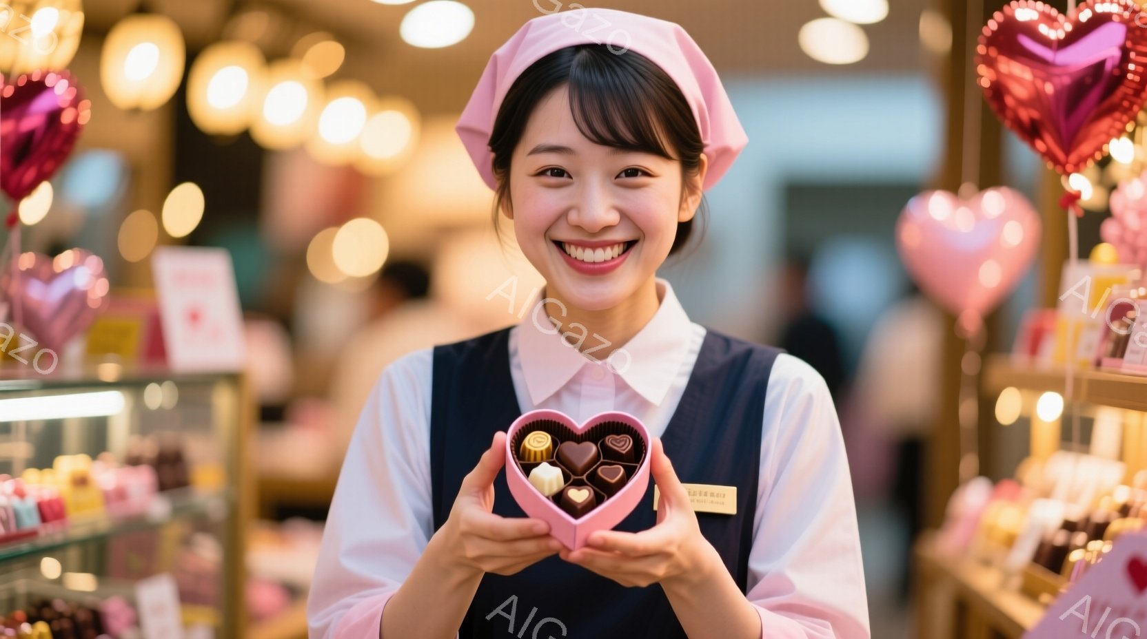 明るい笑顔の女性が、ピンク色のハート型のチョコレートの箱を両手で差し出している。彼女は白いブラウスにピンク色のベスト、そして同じくピンク色の帽子を着用しており、胸には名札が光る。背景にはチョコレートが並んだショーケースや、ピンク色のハート型の装飾が見え、温かみのある雰囲気が漂っている。