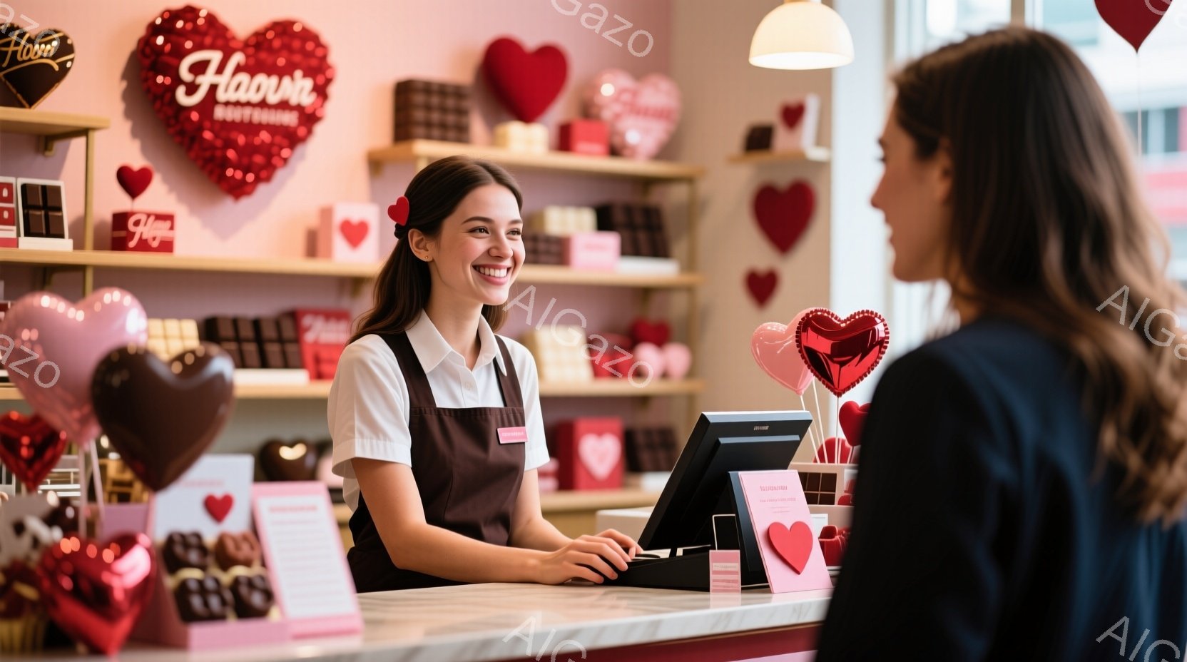 店員と思われる若い女性が、レジカウンター越しに笑顔で客と対面している。彼女は茶色のエプロンをつけ、髪は後ろでまとめており、明るい表情で親切な対応をしているようだ。背景にはハート型のチョコレートや装飾が並び、バレンタインデーを思わせる温かくロマンチックな雰囲気のチョコレートショップである。