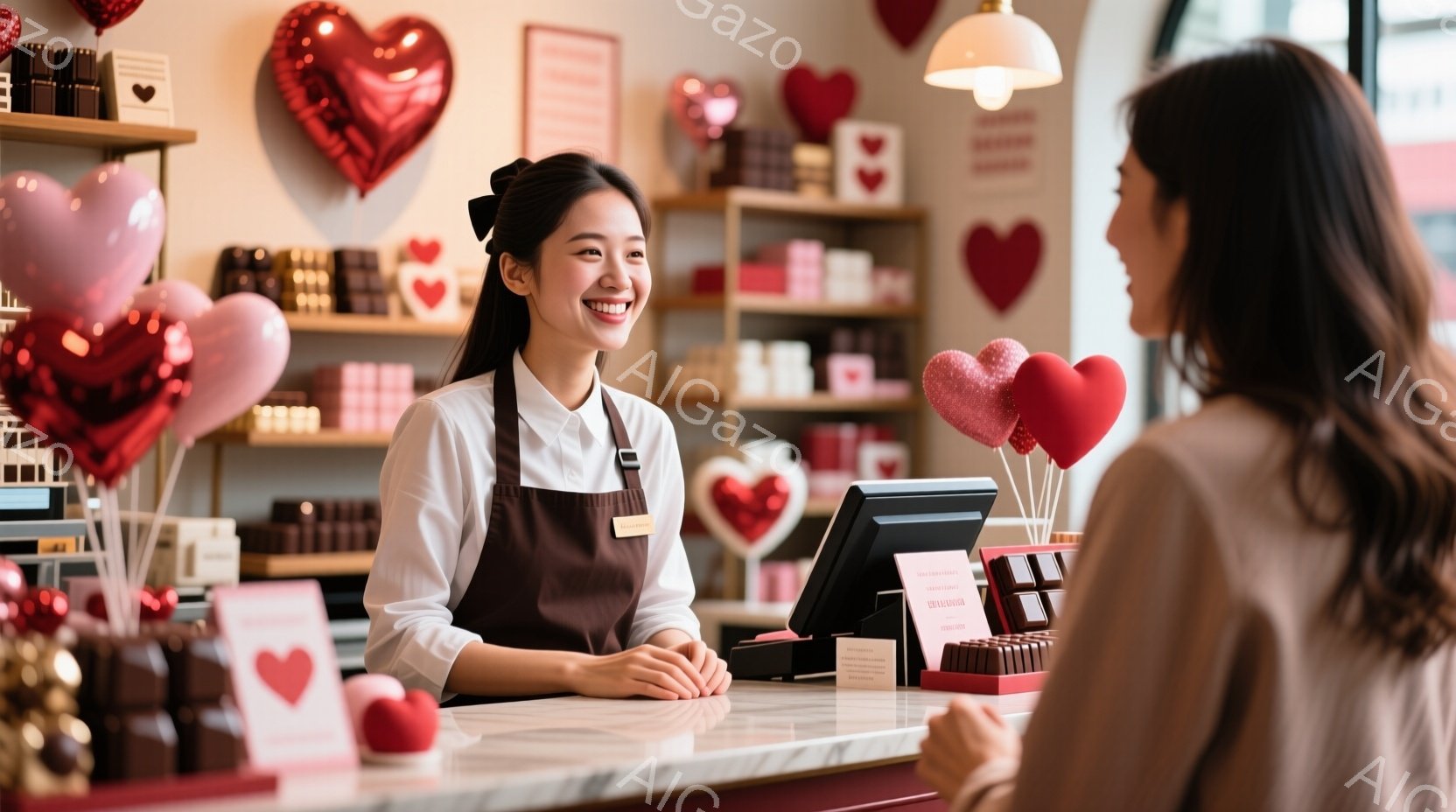 エプロンをつけた女性が、カウンター越しに笑顔で客と対面している。背景にはチョコレートが並んだ棚があり、赤いハート型の装飾が溢れており、バレンタインデーの雰囲気が漂っている。明るい室内には、温かく親しみ - AI生成フリー素材