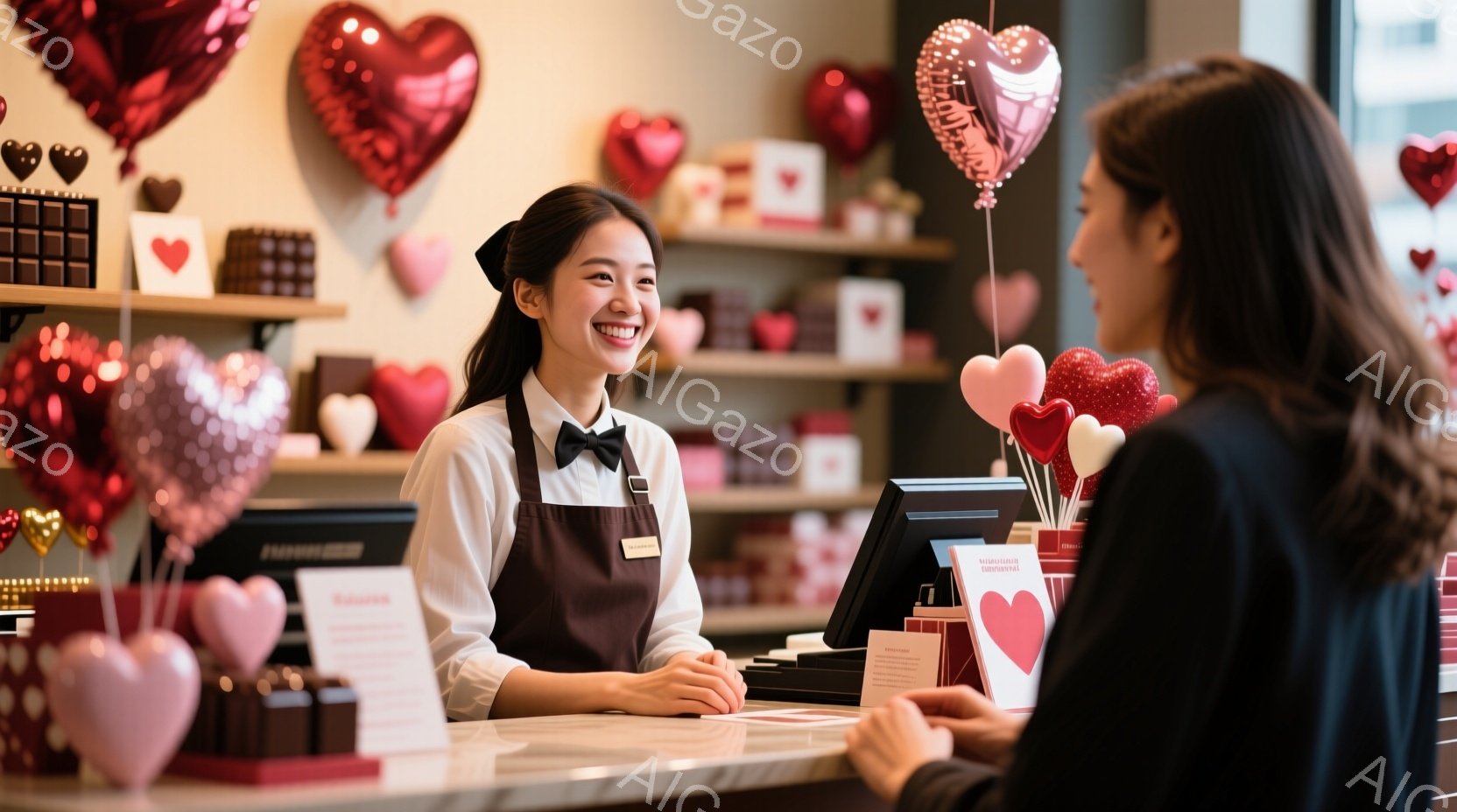店員は明るい笑顔で、黒いエプロンとリボンで髪をまとめている。彼女はカウンター越しに客と対面しており、親切な対応をしている様子が伺える。背景にはチョコレートの箱やハート型のバルーンが並び、バレンタインデーを連想させる温かくロマンチックな雰囲気である。