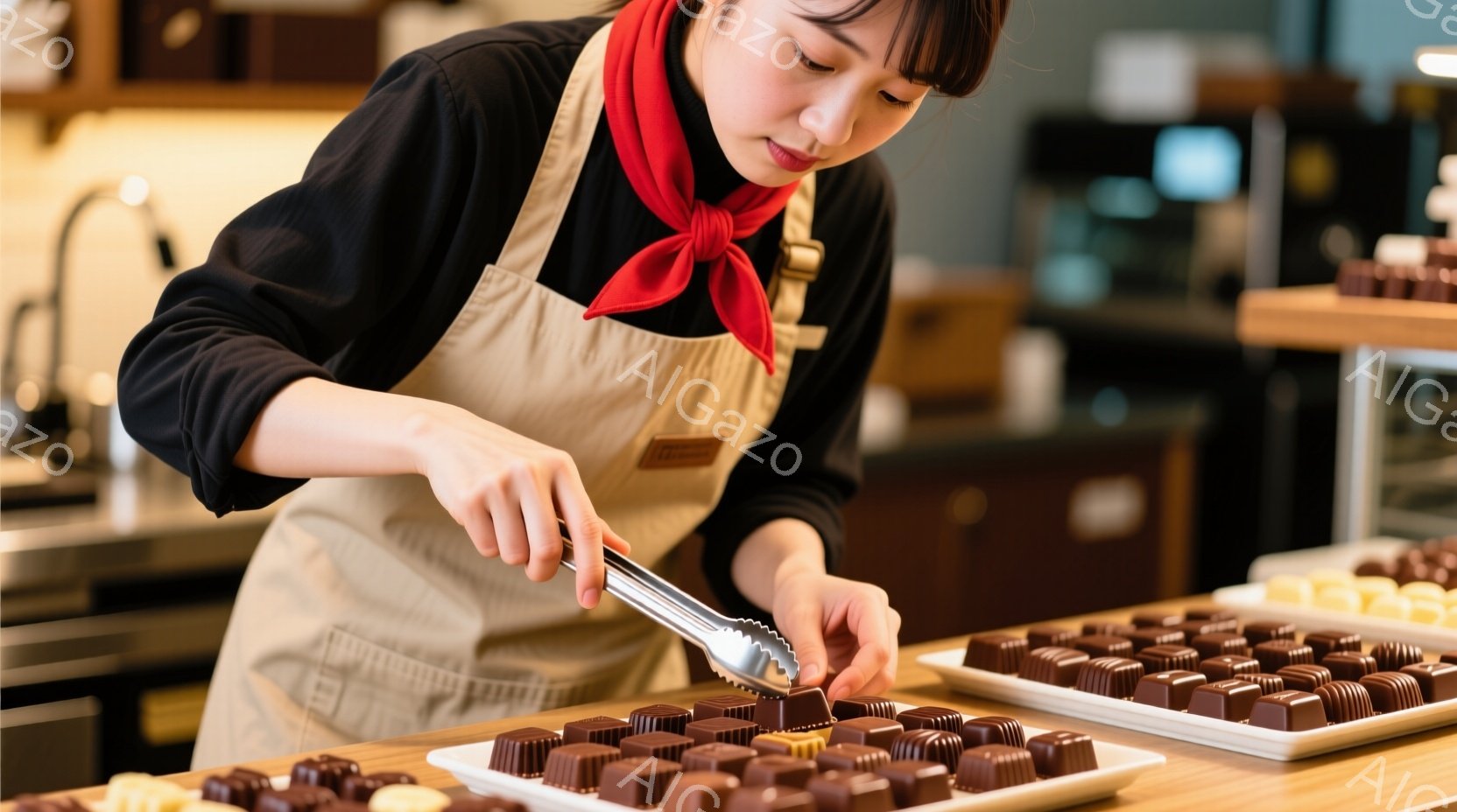 女性はエプロンと赤いバンダナを身に着け、チョコレートをトングで丁寧に箱に並べている。彼女は少し前かがみの姿勢で集中した表情をしており、背景にはチョコレートが並んだ棚が見える。店内は明るく清潔感があり、高級感のあるチョコレート店であることがわかる。
