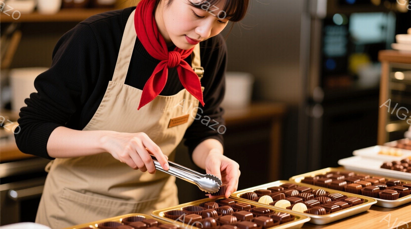 黒髪を後ろでまとめた女性が、茶色のエプロンと赤いスカーフを身に着けて、チョコレートをトングで丁寧に並べている。彼女は集中した表情で作業に取り組んでおり、周囲には様々な種類のチョコレートが並んだ金色のトレイが整然と並んでいる。背景はぼやけているが、明るい室内で、高級感のあるチョコレート専門店のような雰囲気である。