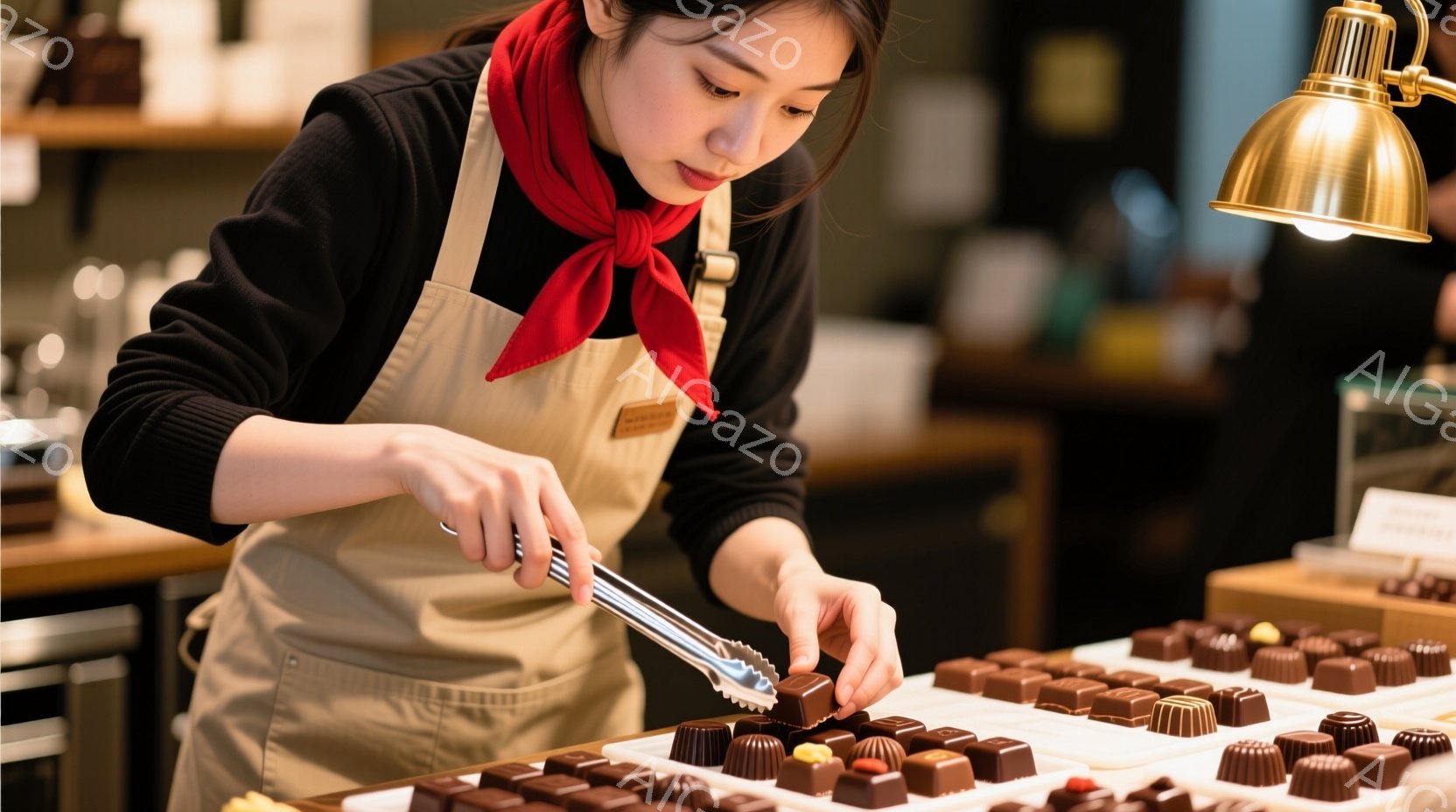 黒い長袖シャツにベージュのエプロンをつけ、赤いスカーフを首に巻いた女性が、チョコレートの盛り合わせの前に立っている。彼女はトングを使ってチョコレートを一つ選び、集中した表情で作業をしている。背景には、様々な種類のチョコレートが並び、上品で落ち着いた雰囲気が漂っている。