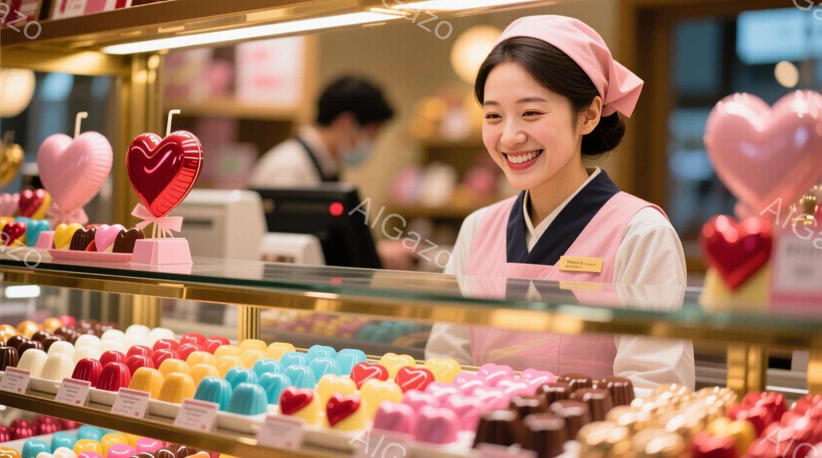 店員さんはピンク色の制服と白いエプロンを着て、明るく微笑んでいます。彼女はショーケースに並んだカラフルなハート型のチョコレートを見つめ、幸せそうな表情をしています。背景には様々な色のチョコレートが整然と並び、明るく華やかな雰囲気が漂っています。