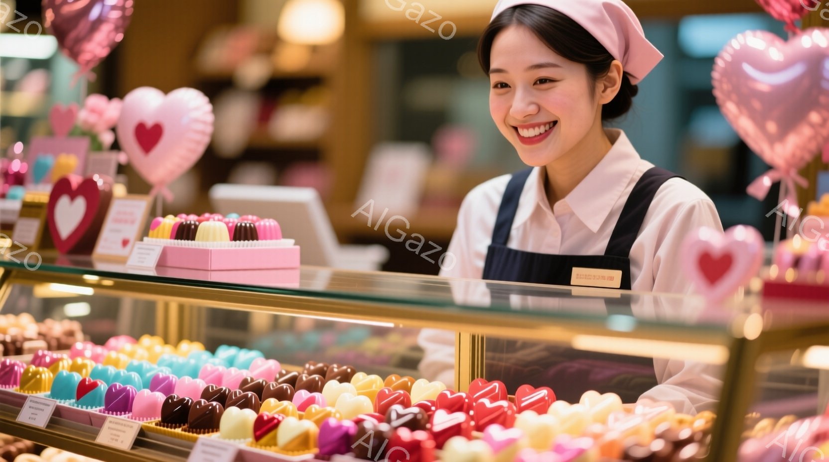画像には、ピンク色のチョコレートが並んだショーケースの前に立つ女性が写っています。彼女は白いシャツに黒いエプロンを身につけ、髪は後ろでまとめています。笑顔でカメラを見つめ、明るく幸せな雰囲気が漂っています。