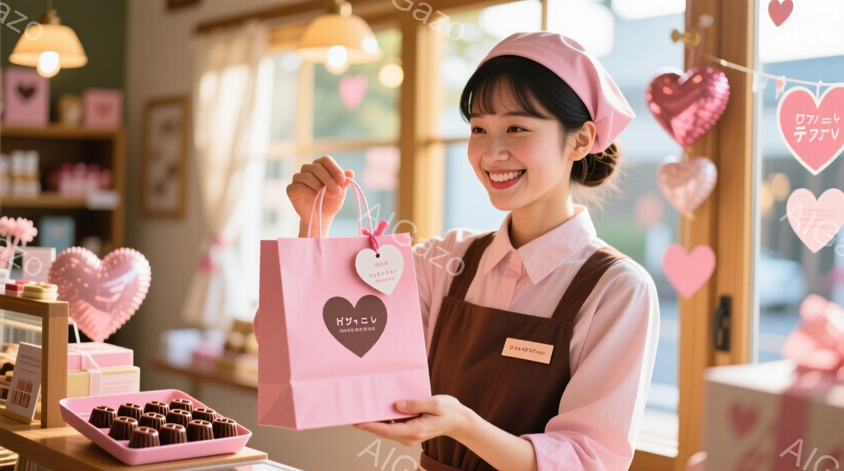 女性は、明るい笑顔でピンク色のギフトバッグを両手で抱えています。彼女は茶色のエプロンとヘアバンドを着用し、短い茶色の髪は後ろでまとめられています。背景にはチョコレートが並んだショーケースやピンク色の装 - AI生成フリー素材