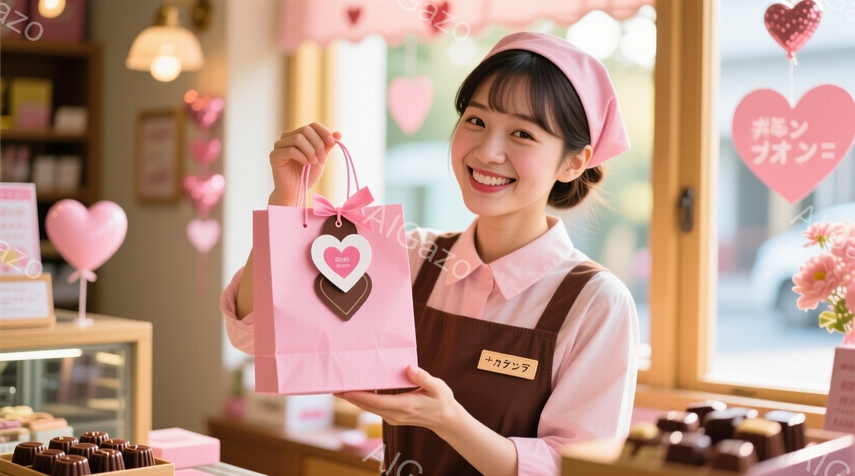 明るい笑顔の女性が、ピンク色のギフトバッグを両手で掲げています。彼女は茶色のエプロンとベージュのシャツを着ており、髪は後ろでまとめています。背景にはチョコレートが並んだショーケースや、花飾り、窓からの - AI生成フリー素材