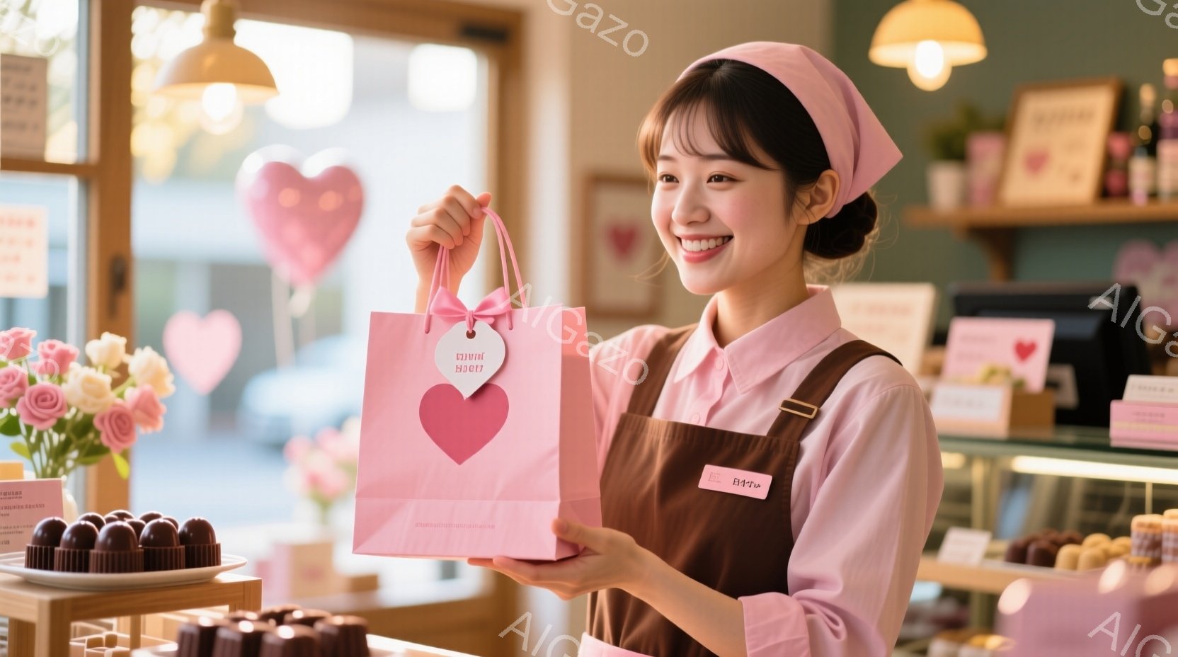 明るい笑顔の女性が、ピンク色のギフトバッグを両手で持っています。彼女はベージュ色のエプロンと白い帽子を身につけ、胸には名前入りのタグがついています。背景にはチョコレートや花が並び、店内は明るく可愛らしい雰囲気です。