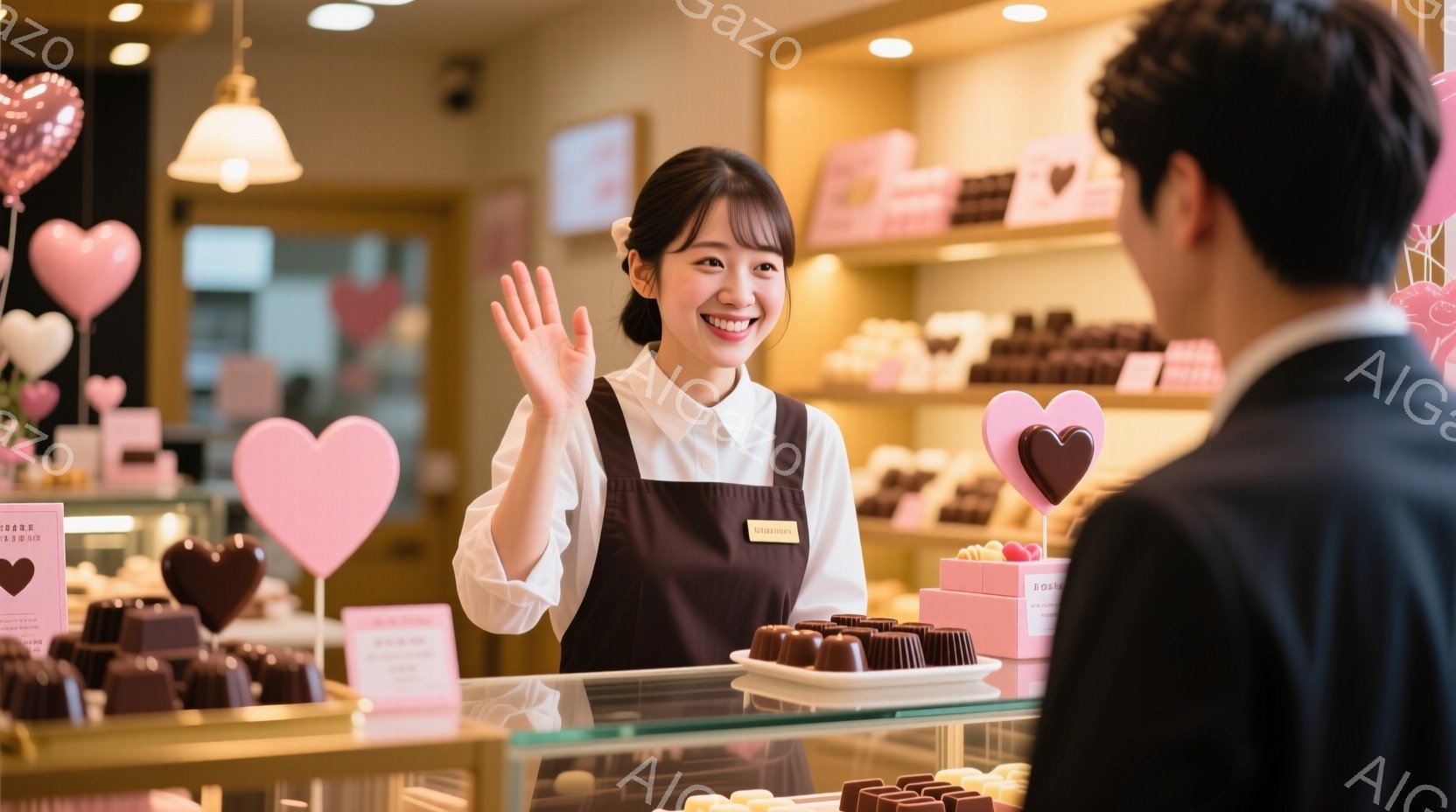 店員と思われる女性が、笑顔で手を振って歓迎している様子が写っています。彼女は白いブラウスとエプロンを着用し、髪は後ろでまとめています。背景にはチョコレートが並んだショーケースと、ピンク色のハート型の飾り、そして柔らかな光が広がる店内があり、温かく親しみやすい雰囲気が漂っています。