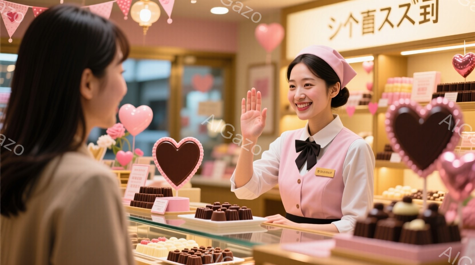薄ピンク色の制服を着た女性店員が、笑顔で手を振って顧客を迎えている。彼女は明るい茶色の髪を後ろでまとめ、胸元には名前入りのプレートをつけている。背景にはチョコレートが並んだショーケースと、ハート型の飾り付けがあり、店内の雰囲気は温かく、親しみやすい。